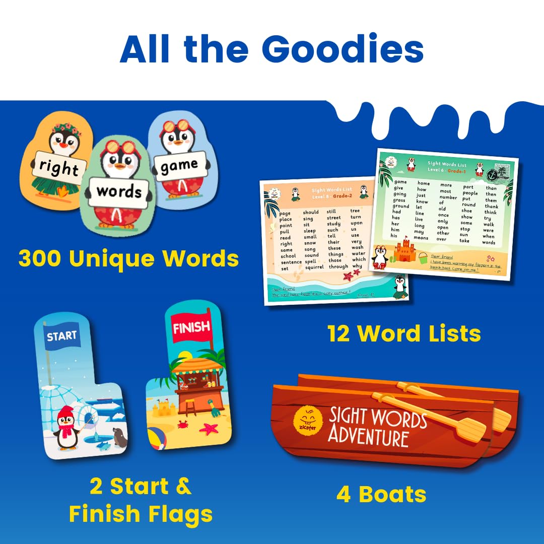 Zicster Sight Words Adventure Game | 300 High-Frequency Words for Pre-K to Grade 2 | Sight Word Flash Cards | Preschool Learning Activities | Classroom Must Haves | Kids Ages 3–6 | Up to 4 Players