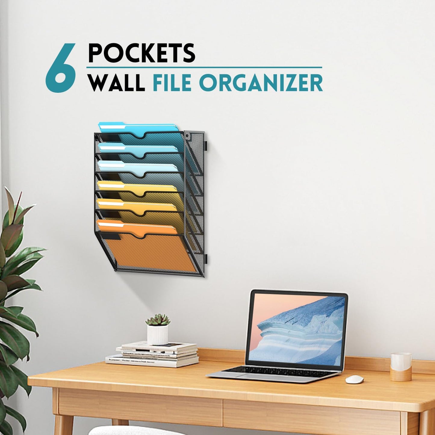 SUPEASY 6 Tier Wall File Organizer, Hanging Wall Mounted Mail Organizer with Label Slots, Metal Mesh File Holder Magazine Rack for Office, Home, School or Classroom, Black