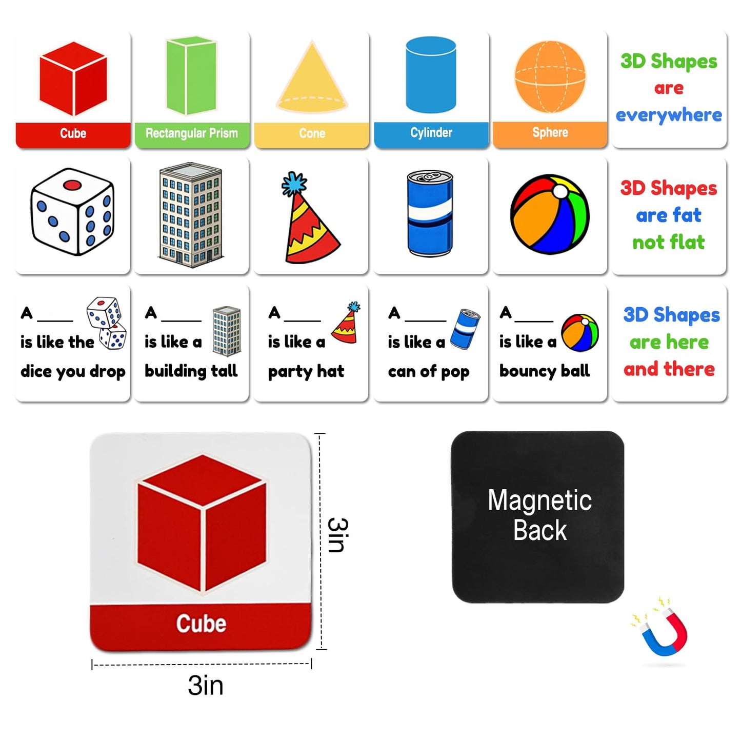 Jianwen Magnetic 3D Shapes Flash Cards, Geometric Solids Matching Game, Educational Learning Aids & Math Manipulatives for Classroom and Home