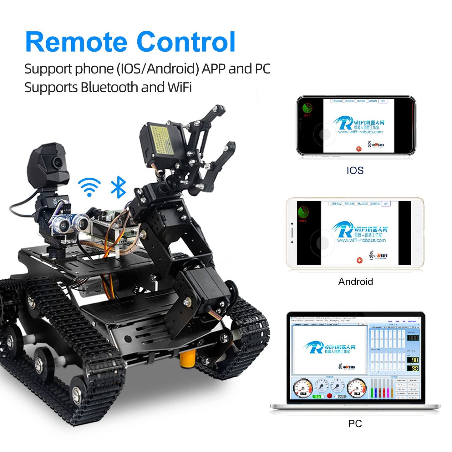 XiaoR GEEK Smart WiFi Robot Kit for Raspberry Pi 5 4B 3B, 4DOF Robotic Arm Track Tank Chassis Robot Car with HD Camera Ultrasonic Infrared Sensor Programming Project for 14+(without Raspberry Pi)