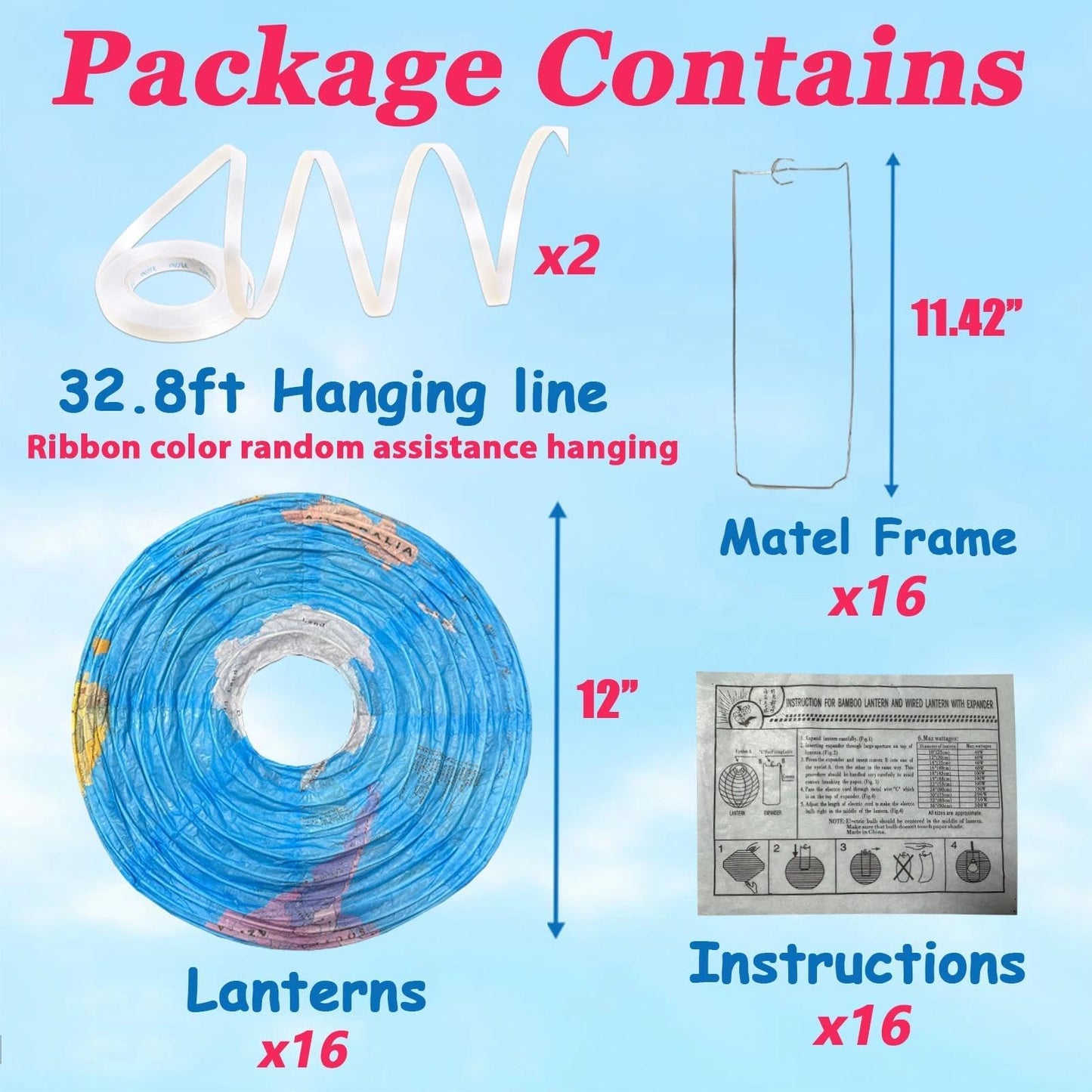 JIEFULL 16 Pcs 12 Inch Globe Paper Lanterns for Ceiling Hanging, Large Earth Lantern Around The World Map Decorations