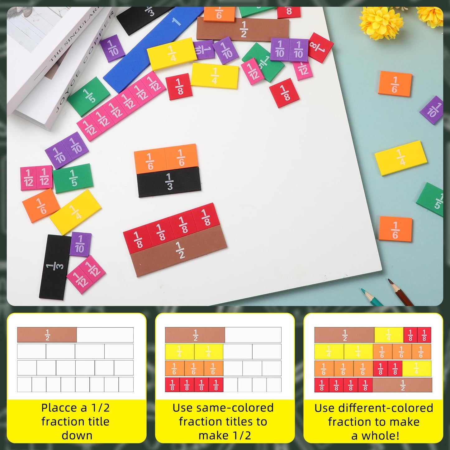 Sayglossy 6 Sets Fraction Tiles Set for Math Classroom Fractions Manipulatives Math Manipulatives for Home School Supplies
