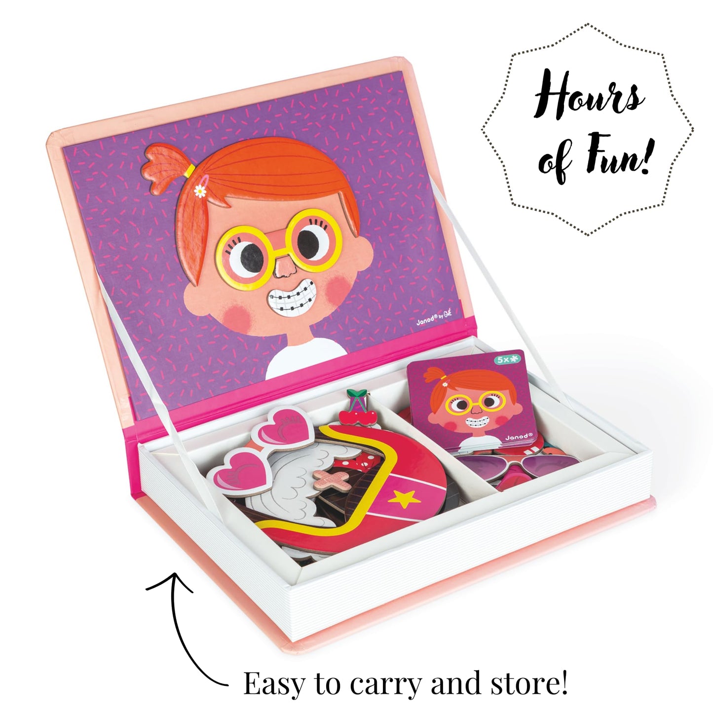 Janod MagnetiBook 66 pc Magnetic Girl Crazy Face Dress Up Game - Ages 3+ - Creative Play - Enhances Creativity and Learning - Includes 55 Magnetic Pieces and 10 Cards
