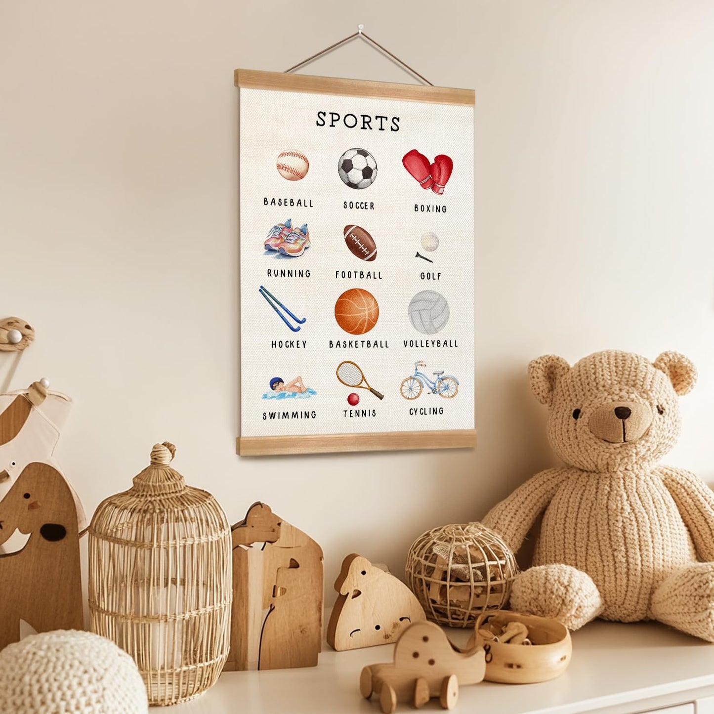 ZTGDA Sports Wall Art Poster–Sports Educational Canvas Print Poster with Hanger Frame, Cute Illustration Wall Banner for Classroom Playroom Nursery Decor 12x16Inch