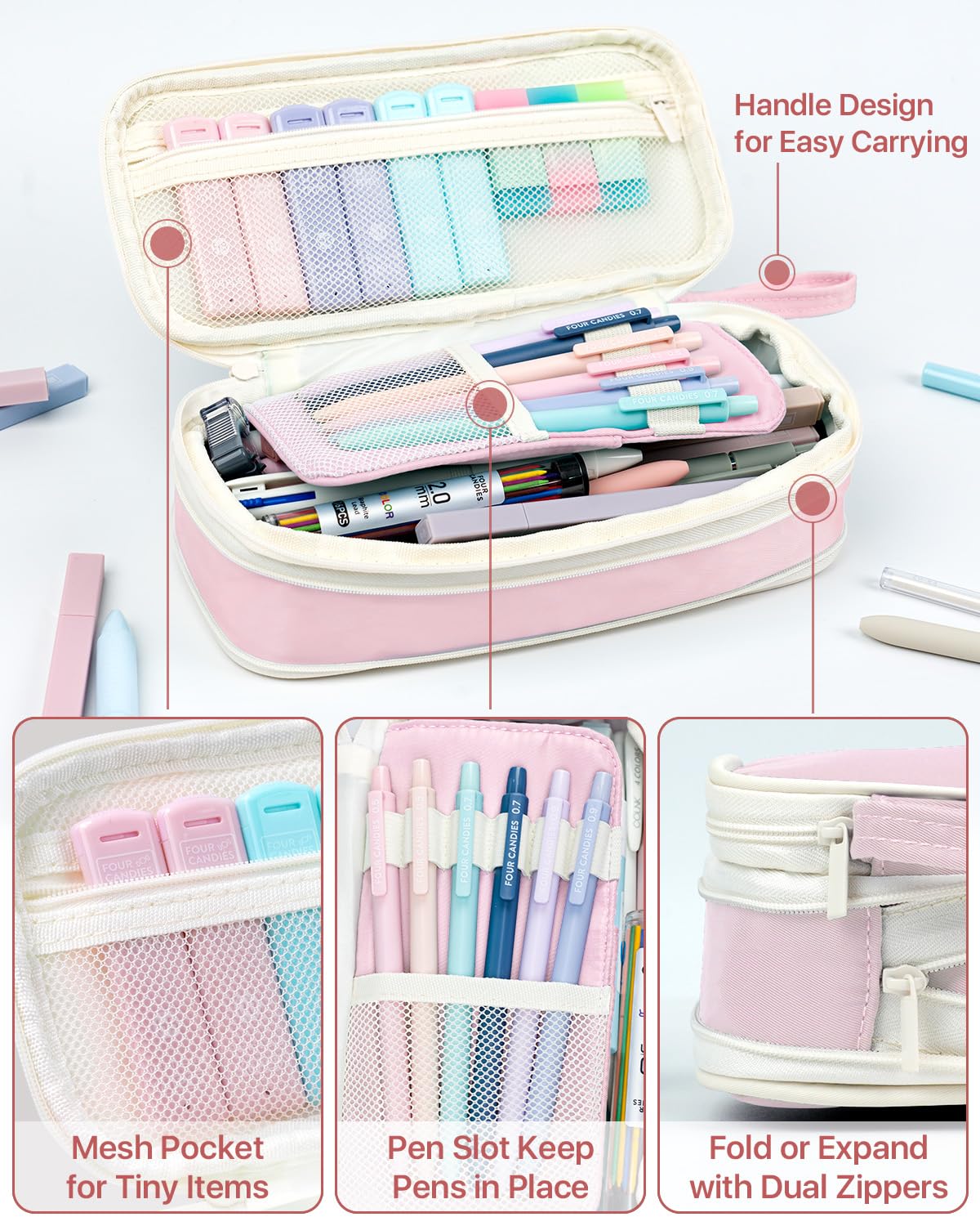 Four Candies 56 PCS Stationery Set, Cute Storage Case with Supplies, 6 Multicolor Pens, 12 Pastel Highlighters, 5 Gel Pens Black Ink, 9 Mechanical Pencils for College Essentials Stuff (Pink)