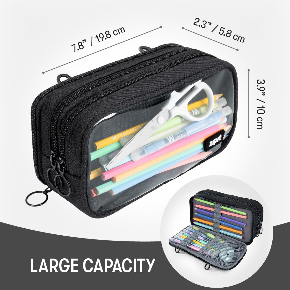 ZIPIT Half & Half Pencil Case, 3 Compartment Zipper Pouch for School, Stationery Bag for Teen Girls Boys and Adults, Black