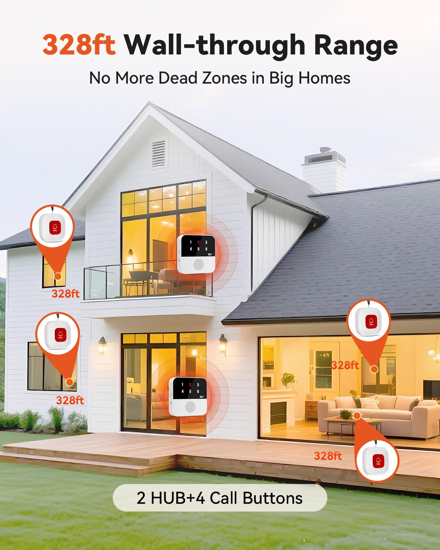 PILSAMAS Wireless Caregiver Call Button System - Dual Hub, Multi-Location Alarm, Dsiplay Caller ID & App Alert, No Monthly Fee, 4 IP65 Panic Buttons, Emergency Alert for Elderly at Home/Nursing Homes