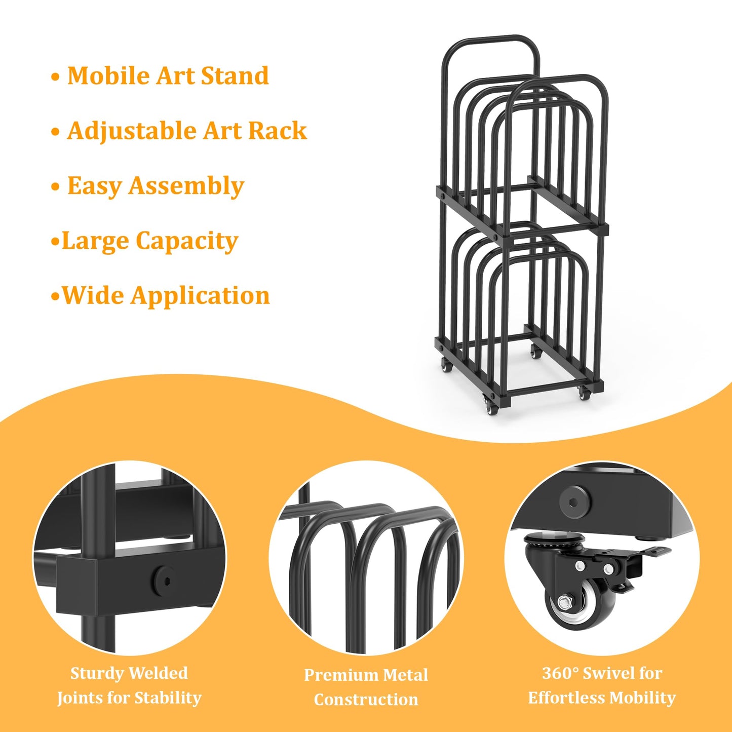 BERPET Art Storage Rack with Wheels, Double-Tier Adjustable Metal Drying & Display Stand for Canvas, Boards, Prints, and Artwork – Heavy-Duty Mobile Organizer for Studio, Classroom