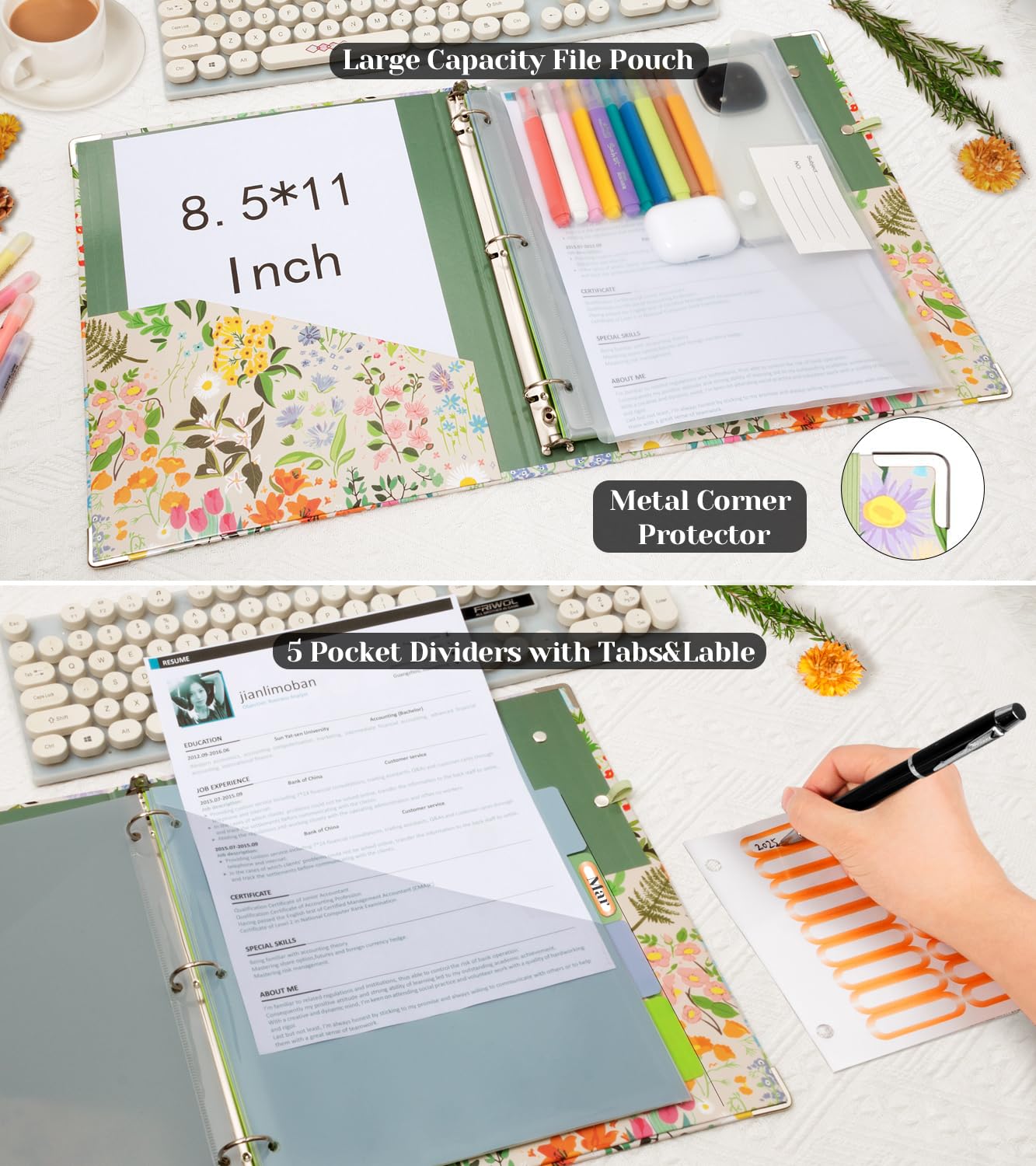 3 Ring 1 Inch Binder Organizer, KLLVE Three Ring Binders with Clipboard, 5-Tabs Pockets Dividers, Plastic Folder, 18 Divider Stikers,Pen Loop (Wildflower, Letter Size)