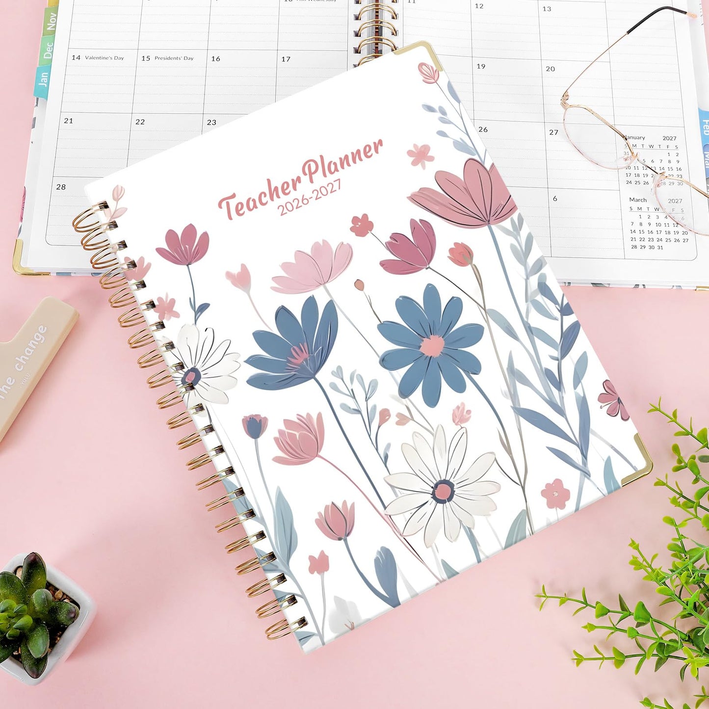 SKYDUE Teacher Planner 2026-2027 Academic Year, 8.5" x 11" Deluxe Teacher Lesson Planner with Monthly Tabs & Stickers, Lesson Plan Book 26-27, FloralB