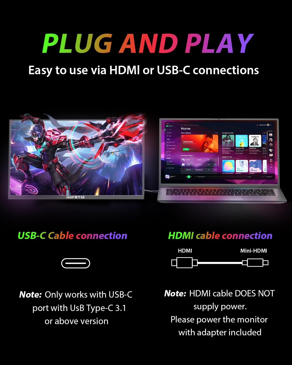 Hgfrtee Large Portable Monitor 18.5", 1080P FHD 100Hz 120% sRGB USB-C IPS Screen External Display for Laptop Mac Gaming Office PC, Travel Monitor with Kickstand & Speakers, VESA Mountable - LCD Panels