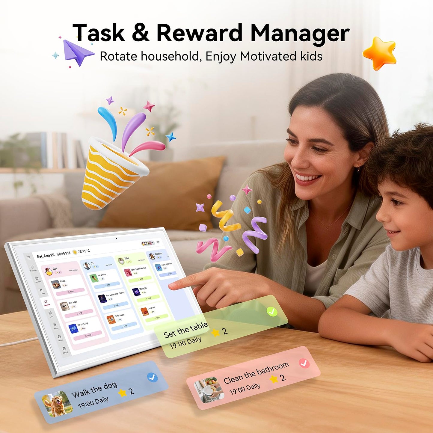 15.6 Inch Digital Calendar，Smart Touchscreen Interactive Display for Family Schedules，Chore Charts, Achievement Rewards,Meal Planner, to Do List，Wall & Desk Mount Smart Electronic Planne