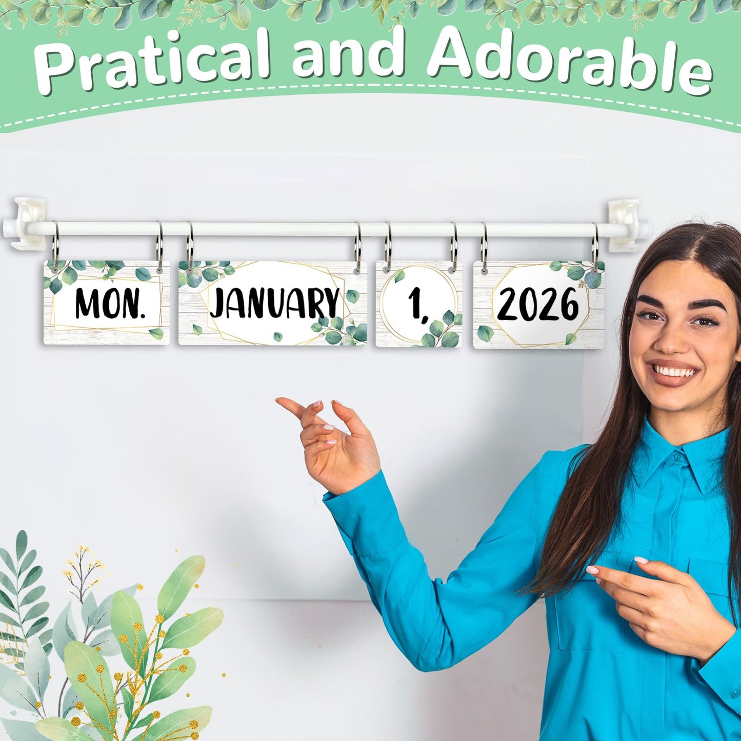 Eucalyptus Flip Calendar for Classroom Bulletin Board Set Greenery Calendar Class Whiteboard Decor with 2026 to 2030 Years Date Cards and Adjustable Rod for Home Elementary School Teacher Supplies