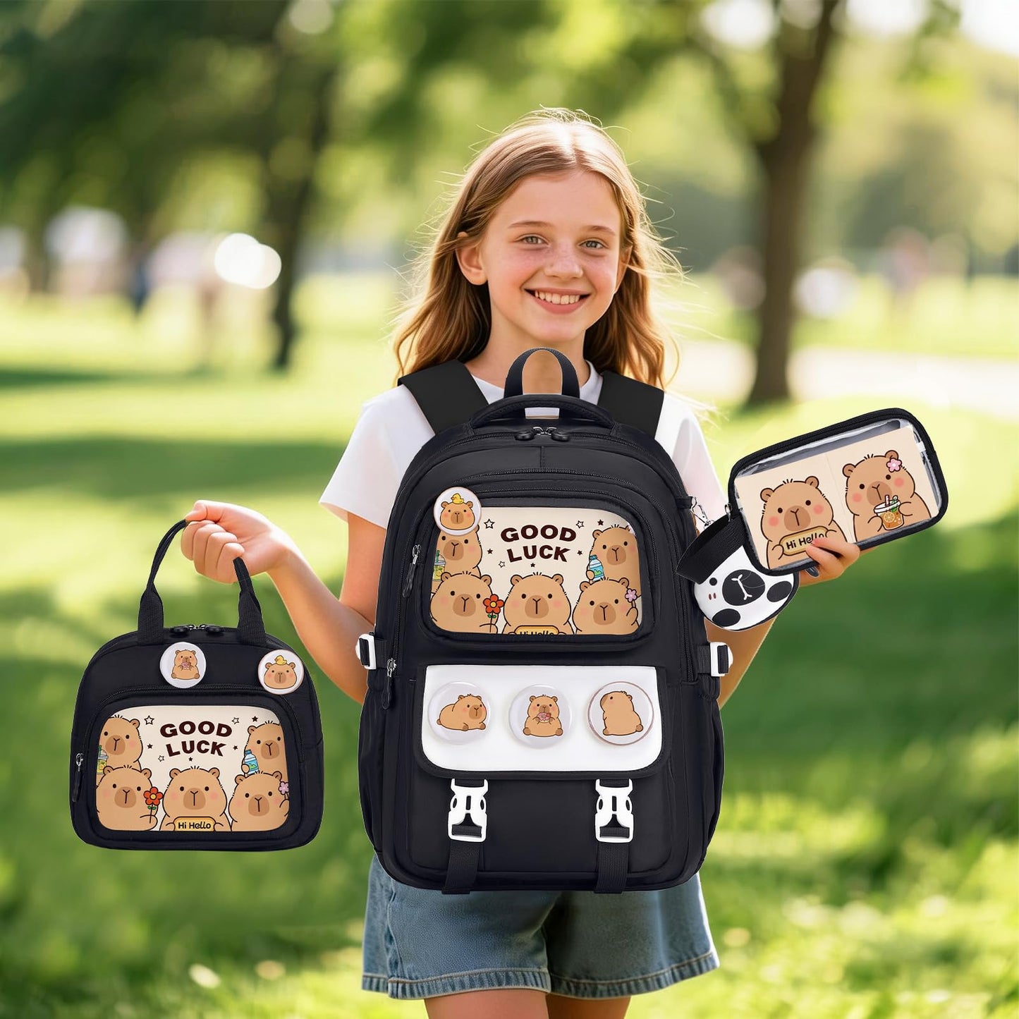Similove Backpack for School Girls, 30PCS Gifts School Supplies Stationery Set with Lunch Box Pencil Case Pens Pencils Notebook Cartoon Gifts for Kindergarten Elementary Student(Black)