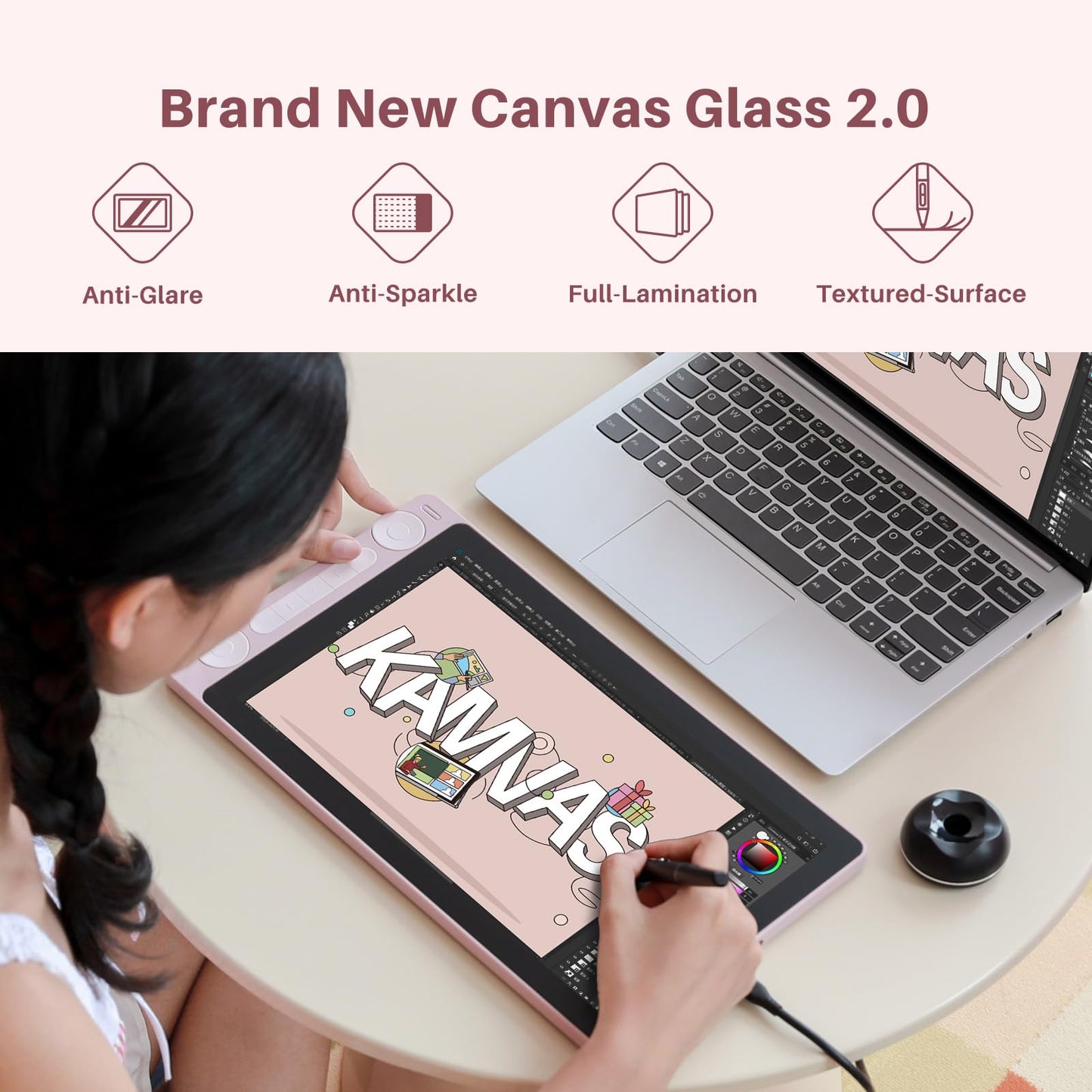 HUION Kamvas 13 (Gen 3) Drawing Tablet with Screen, Full-Laminated Graphic Tablet with Anti-Sparkle Canvas Glass, PenTech 4.0, 16384 Pen Pressure, Dual Dial & 5 Custom Keys for PC, Mac, Android, Pink