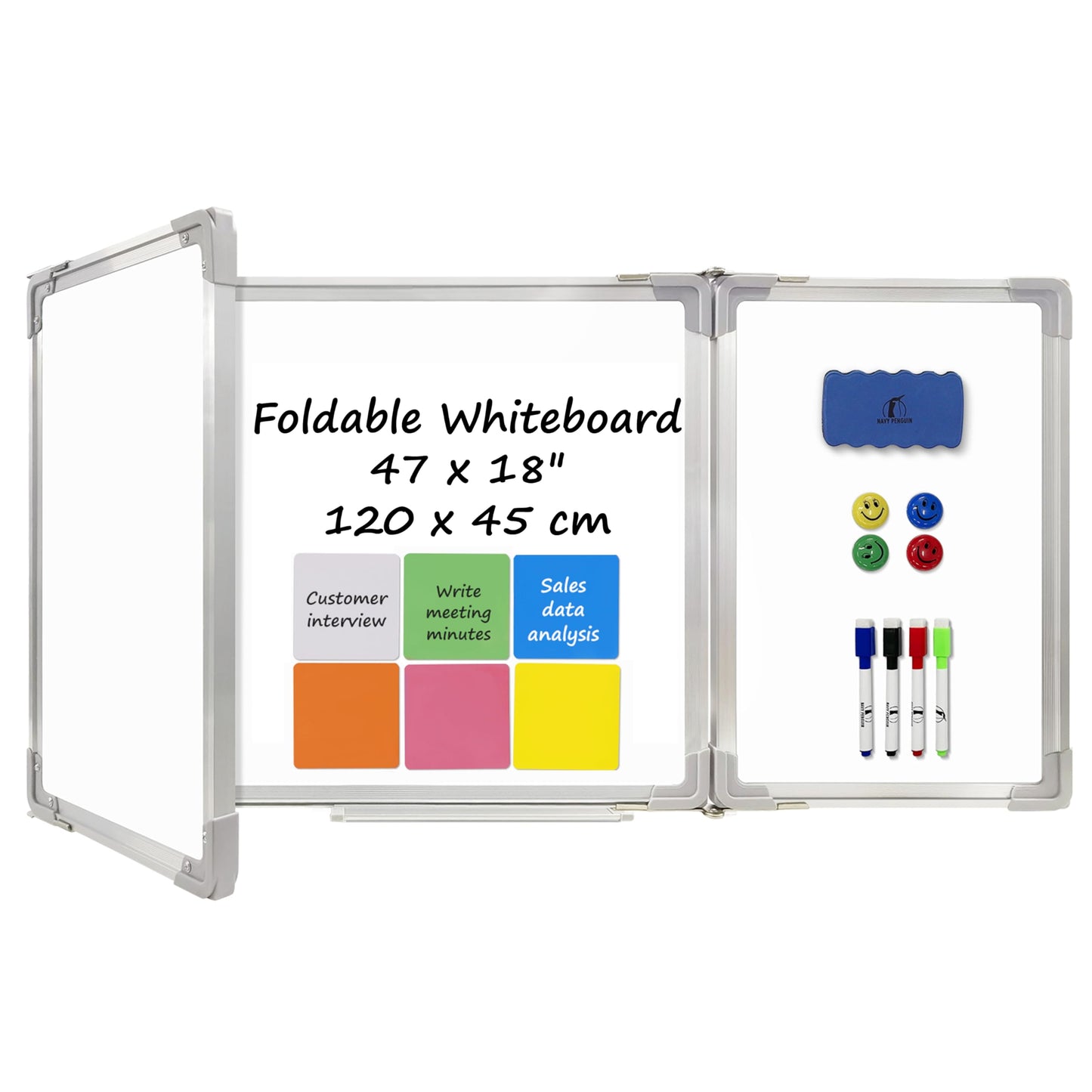 Whiteboard Set - Dry Erase Board 47 x 18 in with 1 Dry Wipe Eraser, 4 Markers, 4 Magnets and 6 Magnetic Notes - Large Wall White Board for Home and Office