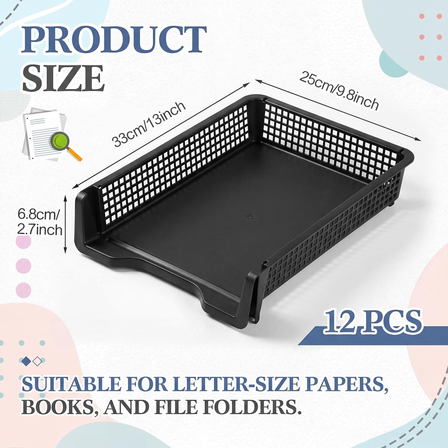 Geetery Set of 12 Plastic Trays for Teachers Turn in Trays Classroom Stackable Paper Tray Plastic Classroom Teachers Desk Letter Organizer Storage Baskets for Office, Desk, Home (Black)