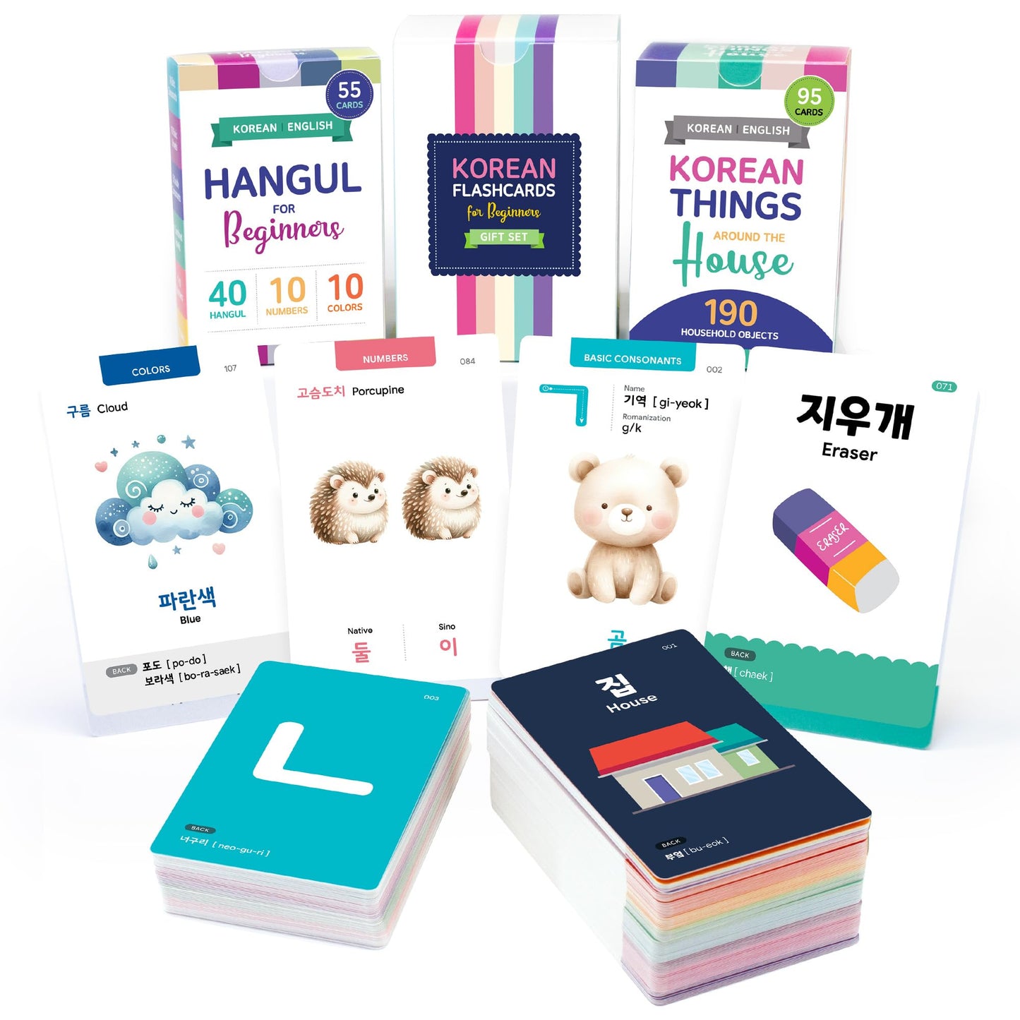 Stellarsol Korean Flashcards 2-Pack Beginner Gift Set - 40 Hangul, Numbers, Colors & Things Around The House Voc for Beginners with MP3 Audio