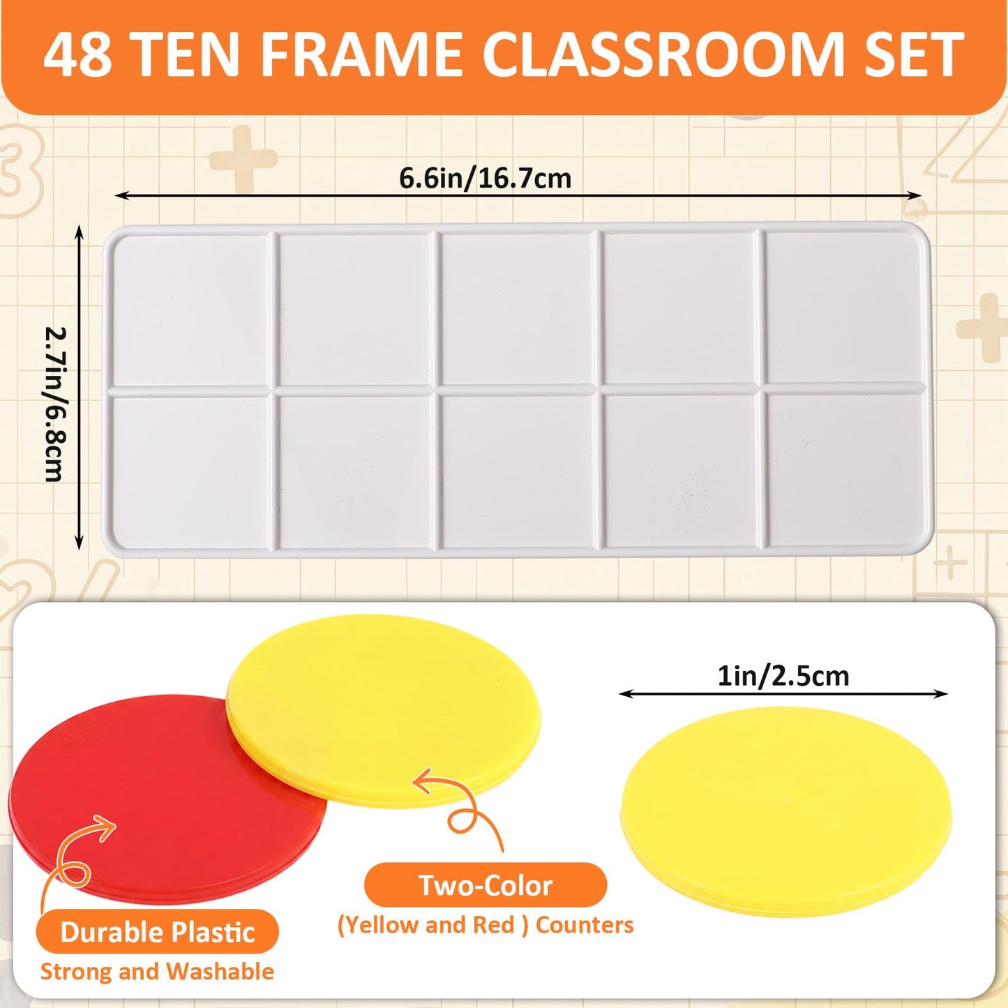Soulchen 48 Sets Plastic Ten Frames for Classroom Math Manipulatives for Kids Classroom Math Counters Supplies Including 48 Plastic Ten Frames, 480 Counters for Teach Number Concepts (Red, Yellow)
