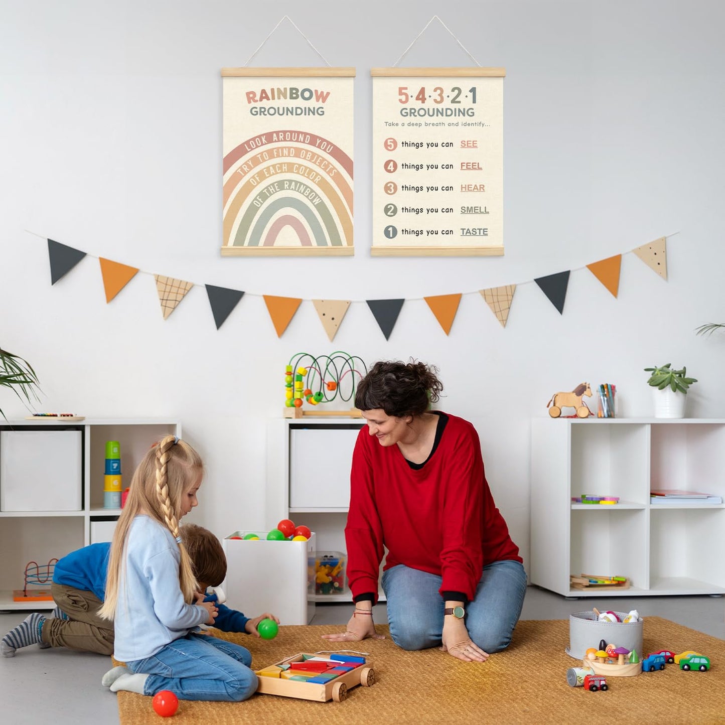 Lacama Calm Down Corner Supplies Wooden Poster Hanger for Homeschool Classroom Preschool Wall Art Decorations,Feelings Chart for Kids, Mental Health Posters, Educational Poster Chart Coping Skills