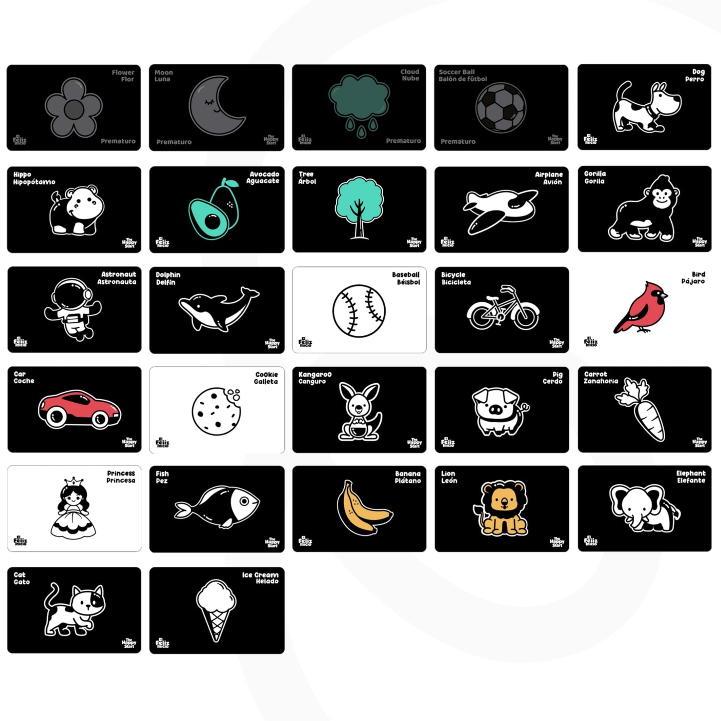 Happy Start High Contrast Baby Cards for Newborns - Black & White Cards, Water-Resistant, BPA-Free, Portable Educational Flashcards for Visual Stimulation, Award-Winning, Ages 0+ (English & Español)