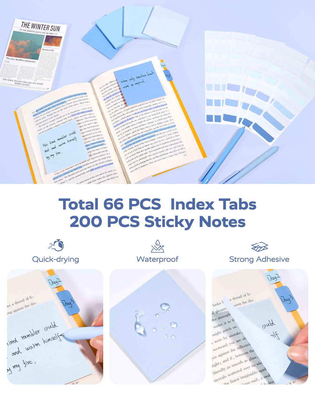 Four Candies Blue Office Supplies, Gel Pens with Black Ink, Correction Tapes,Pastel Highlighters, Mechanical Pencils, Sticky Notes, Index Post for Bible Study Stationary College Essentials