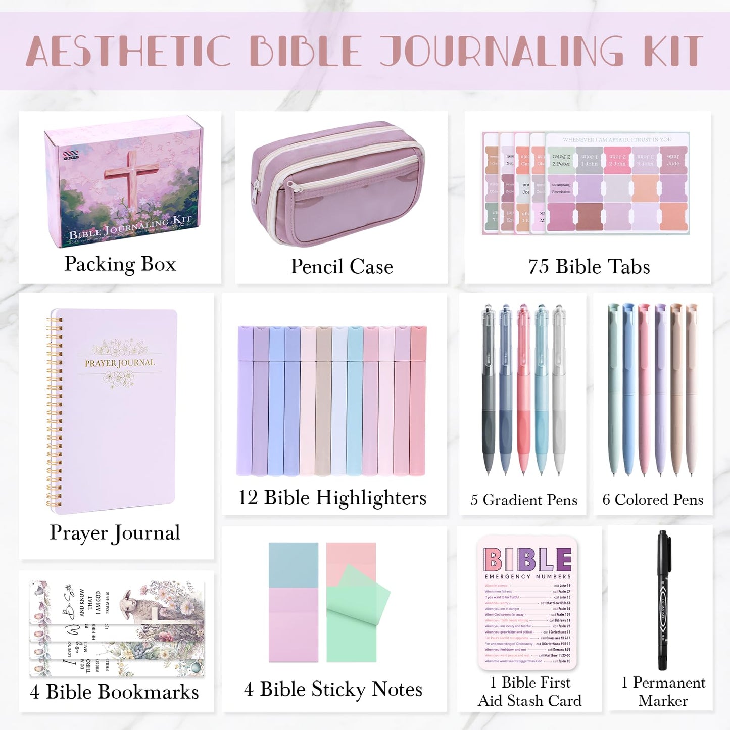 XKDOUS Bible Study Supplies Journaling Kit for Women, Bible Study Kit, 12 Pastel Highlighters and 12 Pens No Bleed, 75 Laminated Tabs, Prayer Journal Pencil Case and More, Purple
