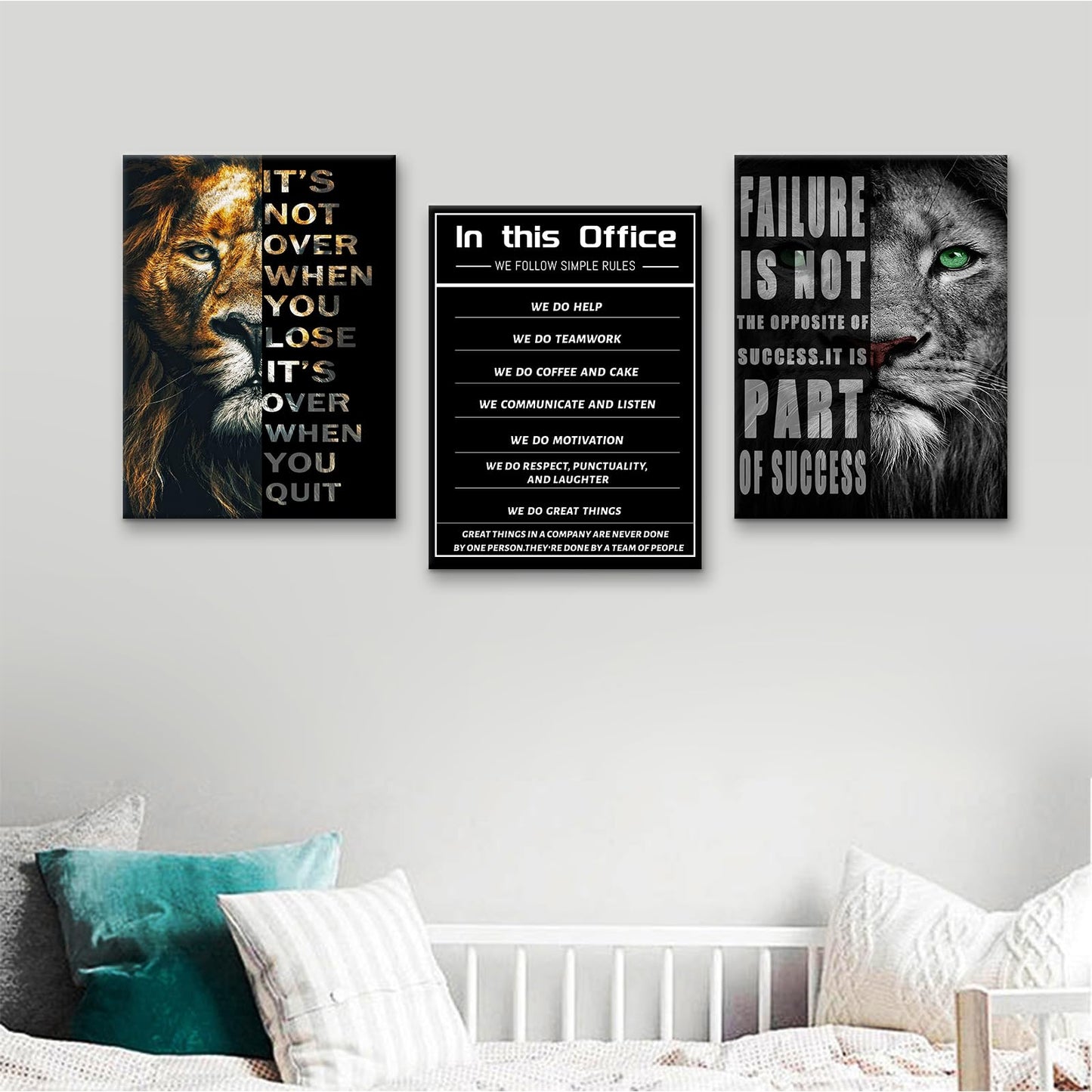 PSYYSP 3 Piece Canvas Wall Art Lion Office Values Posters, Black Motivational Triptych Wall Decor for Office, Bedroom, Dorm, Business Workspace, Framed Canvas 36x16inch
