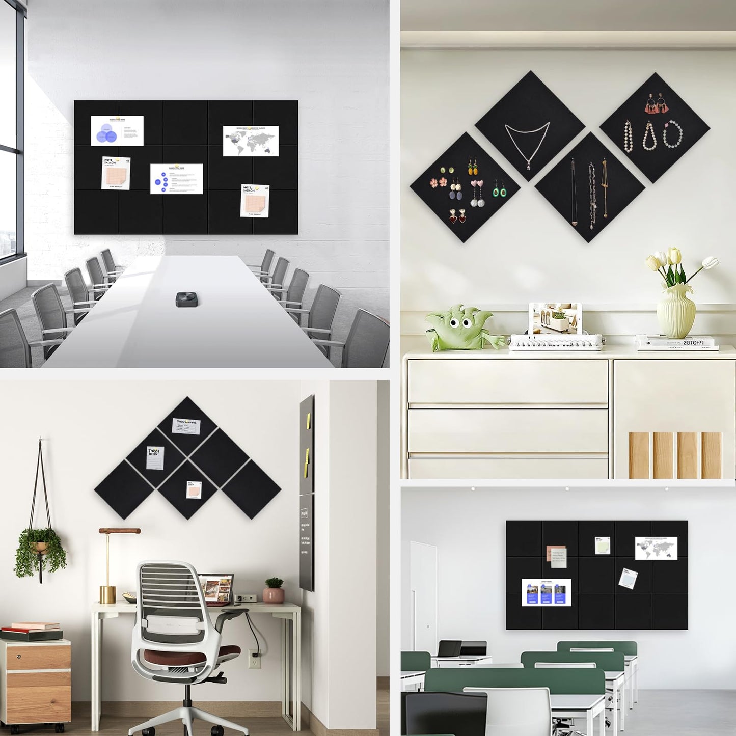 Large Cork Board for Office Wall Decor, 36"x24"- 6 Pack Felt Wall Tiles with Safe Removable Adhesive Tabs, 1/2" Thick, Felt Bulletin Board Pin Board Cork Boards for Walls - Black