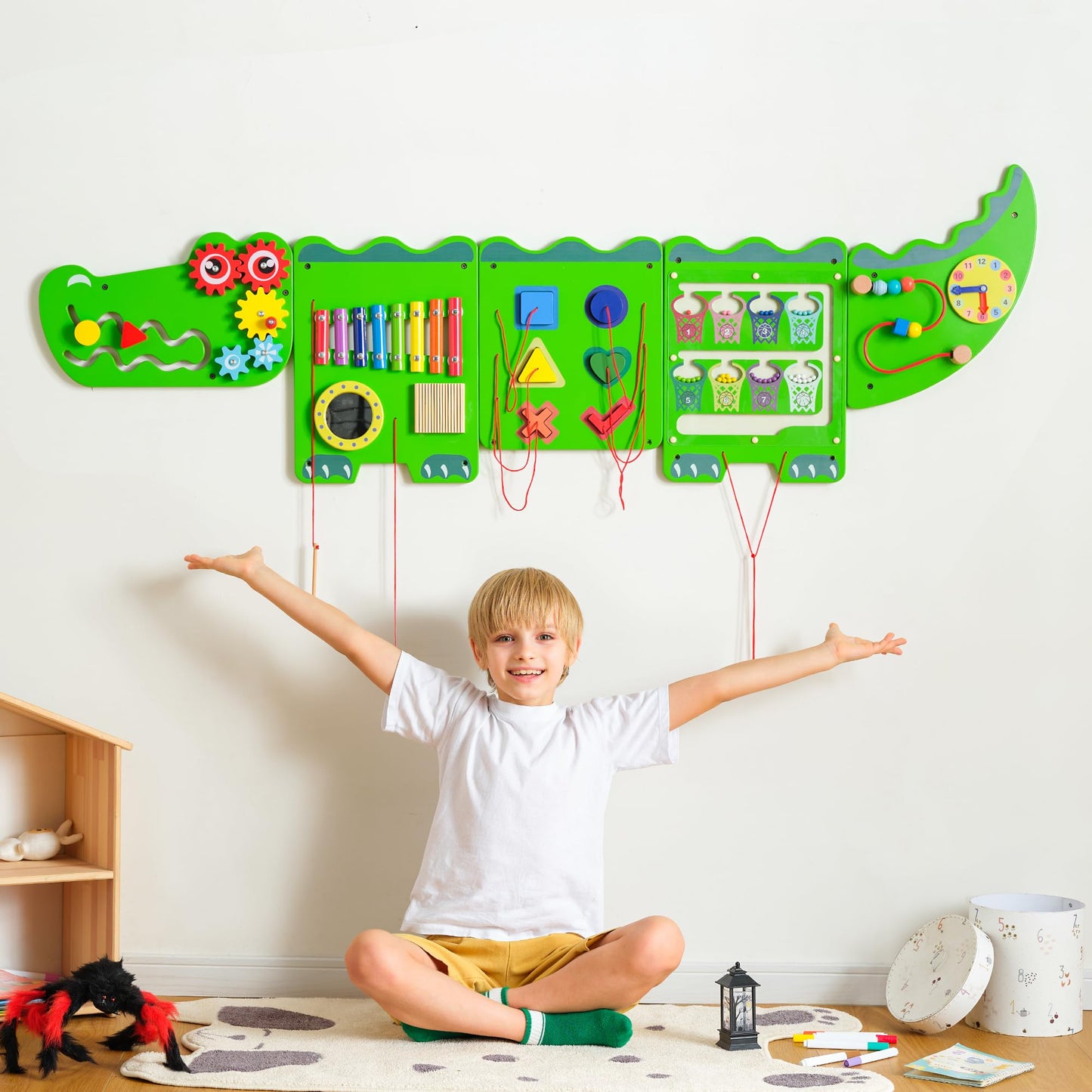 nigwet Crocodile Sensory Toys Activity Wall Panels, Educational Montessori Busy Board for Toddlers, Activity Cube - Sensory Wall, Wooden Learning Toys, Interactive Toy-Green
