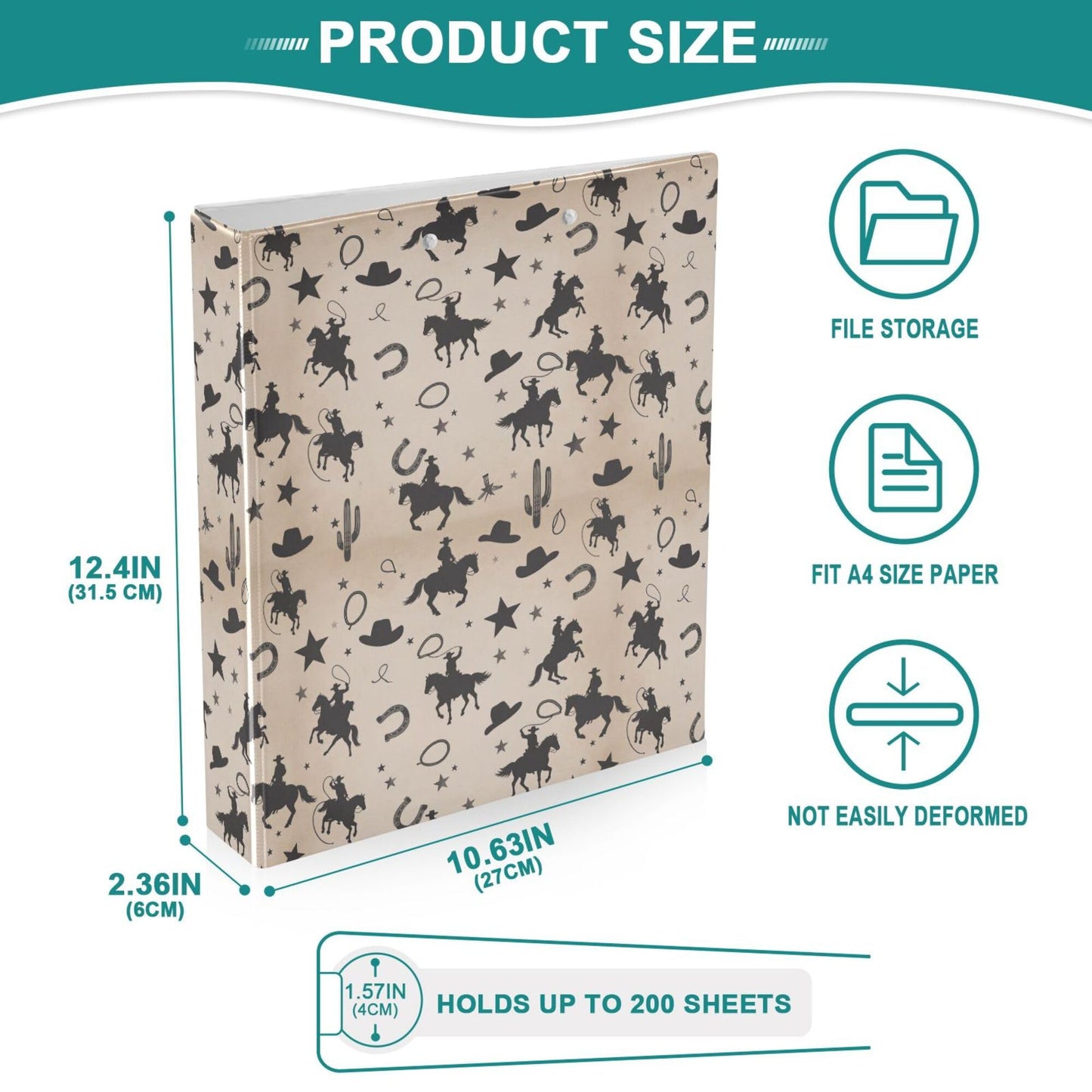 Cowboy Desert Round Ring Binders 1.5 Inch Cactus Skull Horse 3 Ring Clipboard Binder for Office School Work Supplies File Folder 200 Sheet Capacity