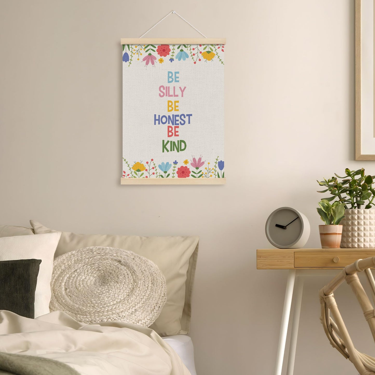 MOTERMATE Inspirational Girl Nursery Poster Hanger Frame, Kids Affirmations Floral Wall Hanging Decor Art Framed for Girls Room Bedroom, Be Silly Be Honest Kind Wall Poster Prints, 12x16 Inch