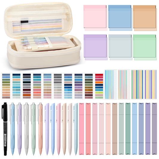 Trandraft 135 Pcs Book Annotation Kit with Pencil Case, 12 Pastel Highlighters, 11 Gel Pens, Fine Marker, 300 Transparent Sticky Notes, 2640 Index Tabs, Bible Study Supplies Kit(Classic,Beige)