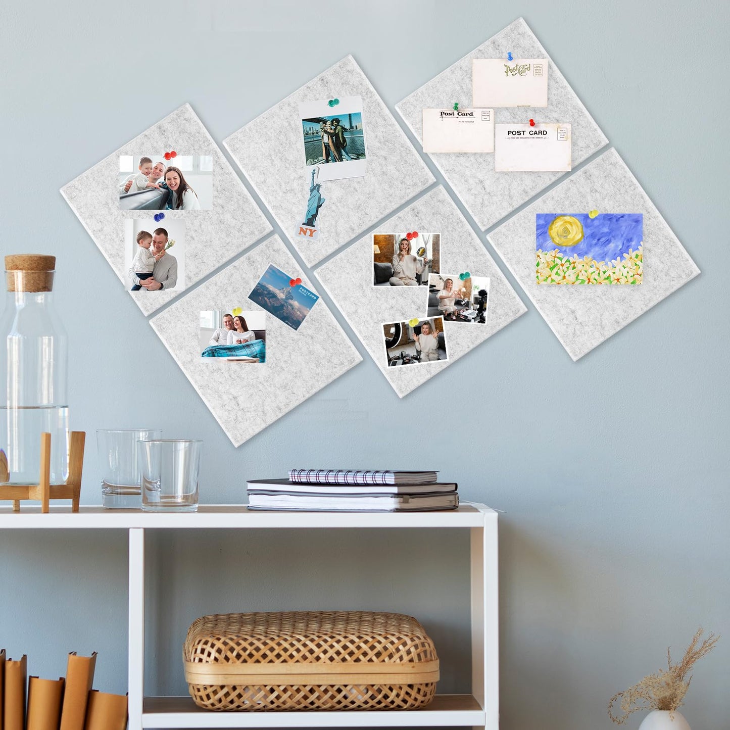 Large Cork Board 36" x 24", 6 Pack Felt Bulletin Board with 30 Pushpins, Cork Boards Alternative with Self-Adhesive Strips, Felt Wall Tiles Pin Boards for Walls Office Home School Decor-Light Gray