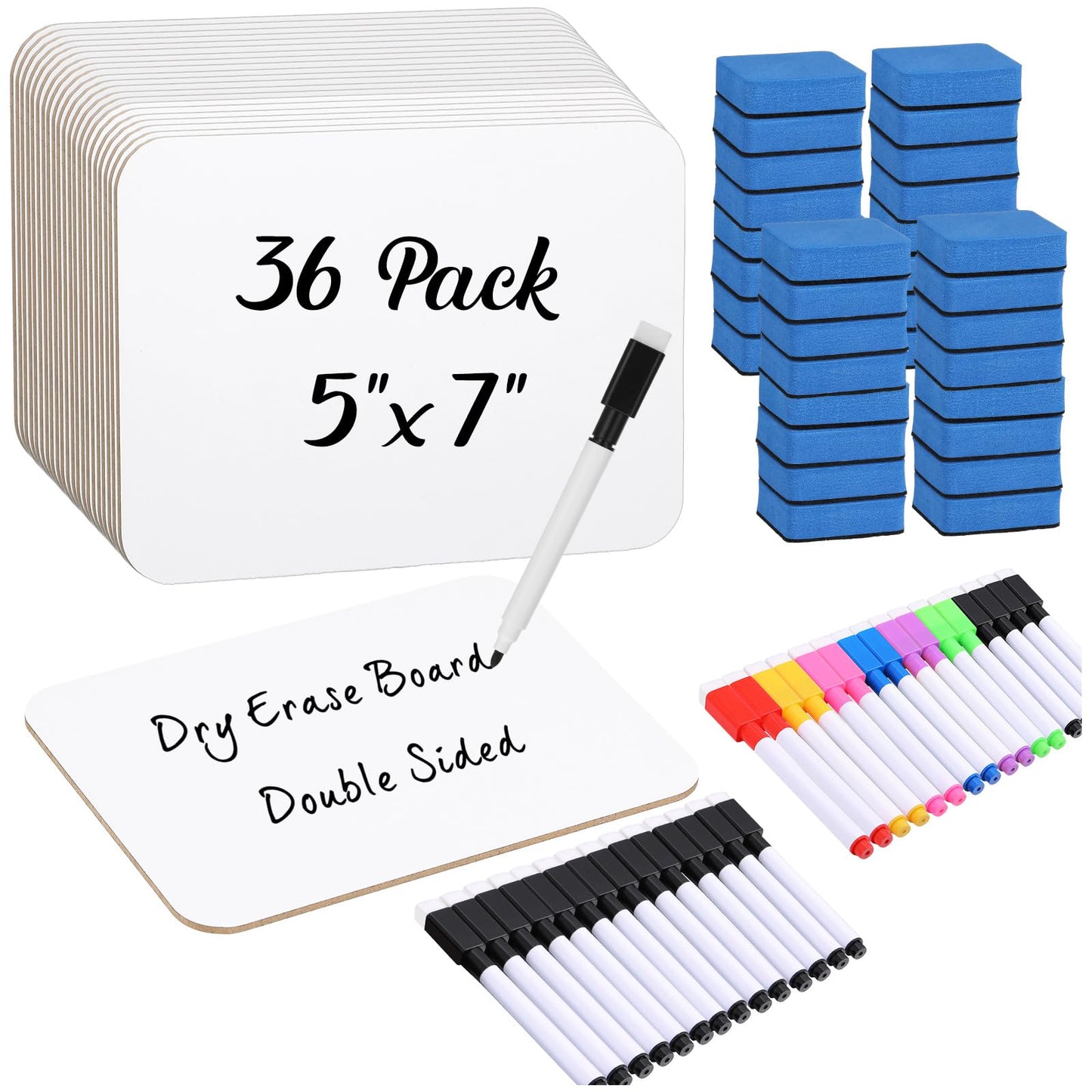 Affrolling 36 Sets Small Whiteboard Dry Erase Boards 5" x7'' Mini Double Sided Dry Erase Lap Boards with Markers Erasers Pen Holders Personal Whiteboards for Students Classroom Teacher