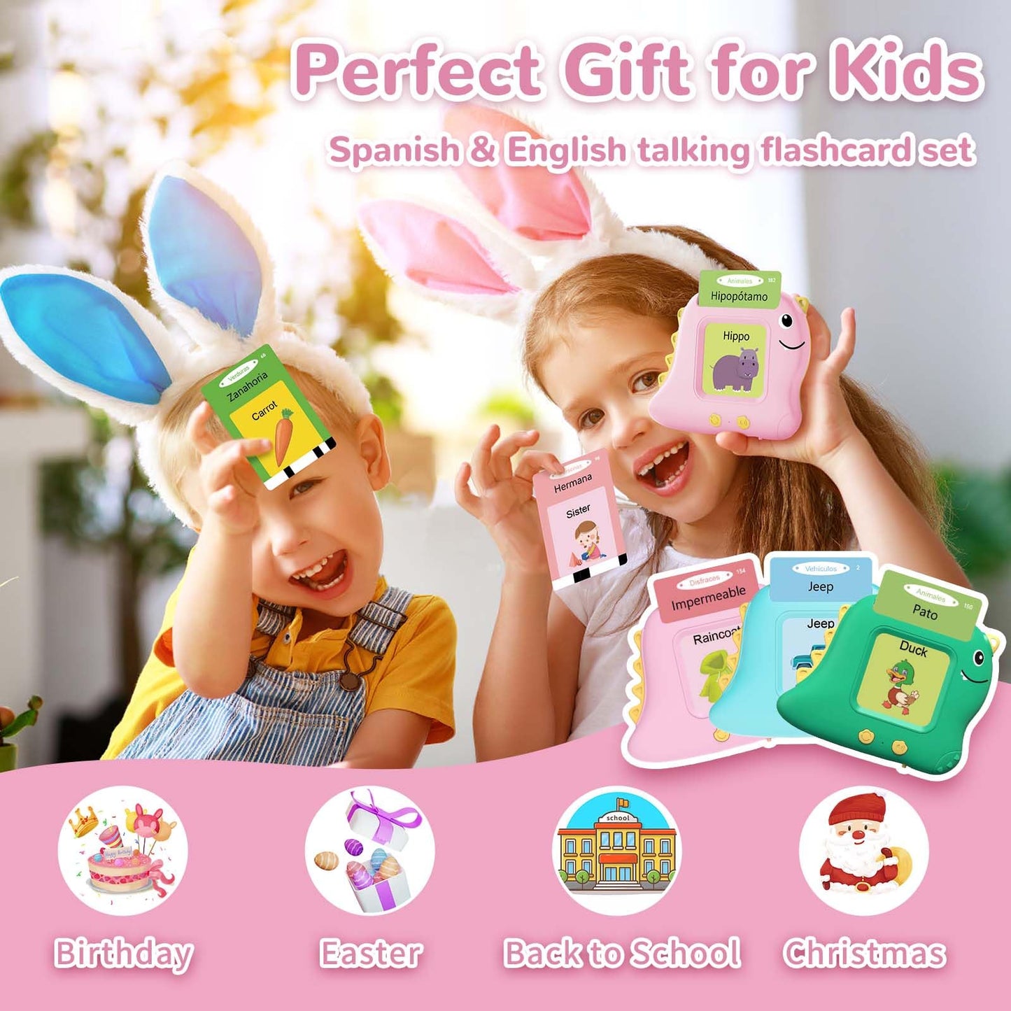 Alotwan Girls Toys Spanish Talking Flash Cards - Toddler Montessori Toys for Age 2-4, Bilingual Español Speech Therapy, 224 Words Preschool Learning Activity, Gifts for Little Girls 2 3 4 5 Years Old