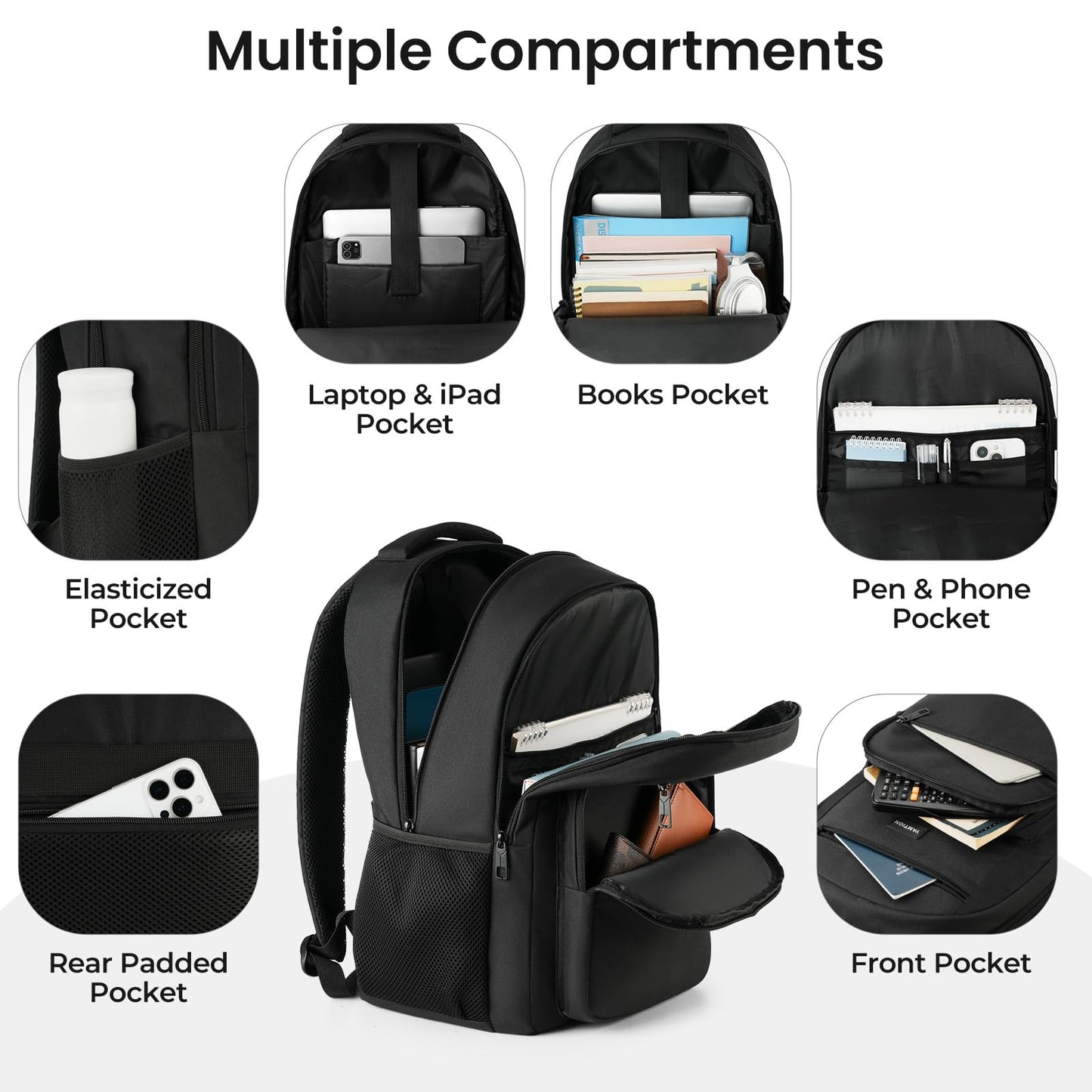 YAMTION Laptop Backpack for Men and Women, Black Backpack, School Backpack for Boys and Girls, Bookbag, Work Backpack Fits 15.6 Inch Laptop and Notebook