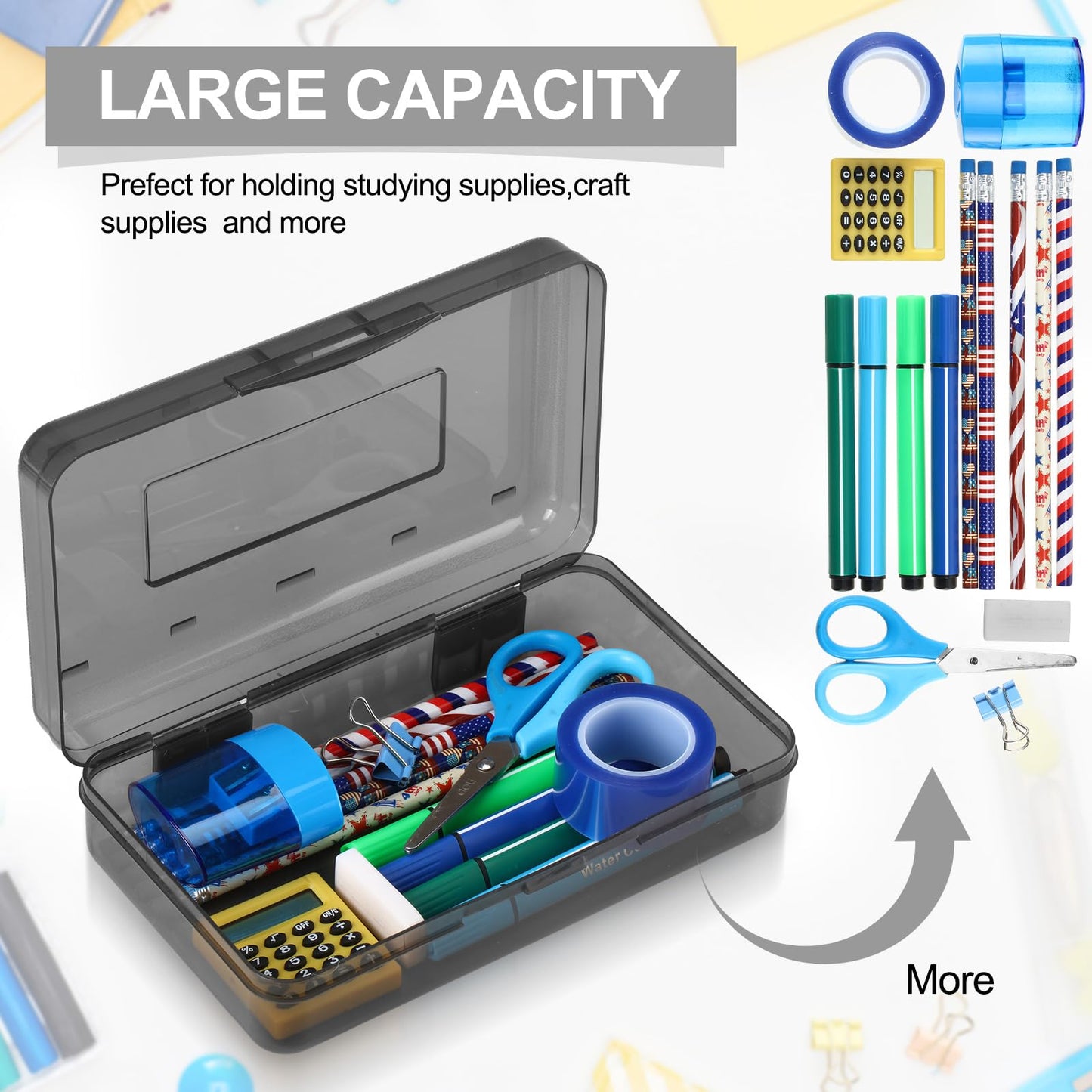 Fainne 24 Pack Pencil Boxes for School Clear Plastic Pencil Case Large Plastic Crayon Box Bulk Stackable Classroom Stationery Organizer School Supplies(Gray)