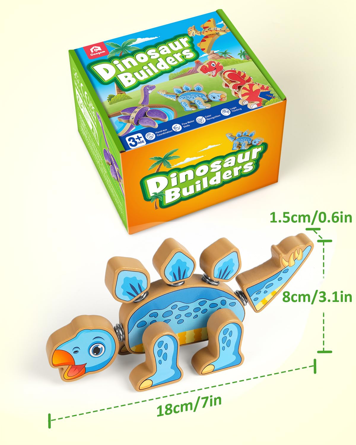 Coogam Dinosaur Snap Together Building Toys, Wooden Take Apart Dinosaur Playset, STEM Montessori Educational Fine Motor Skill Toy Gift for 3 4 5 Years Old Kids