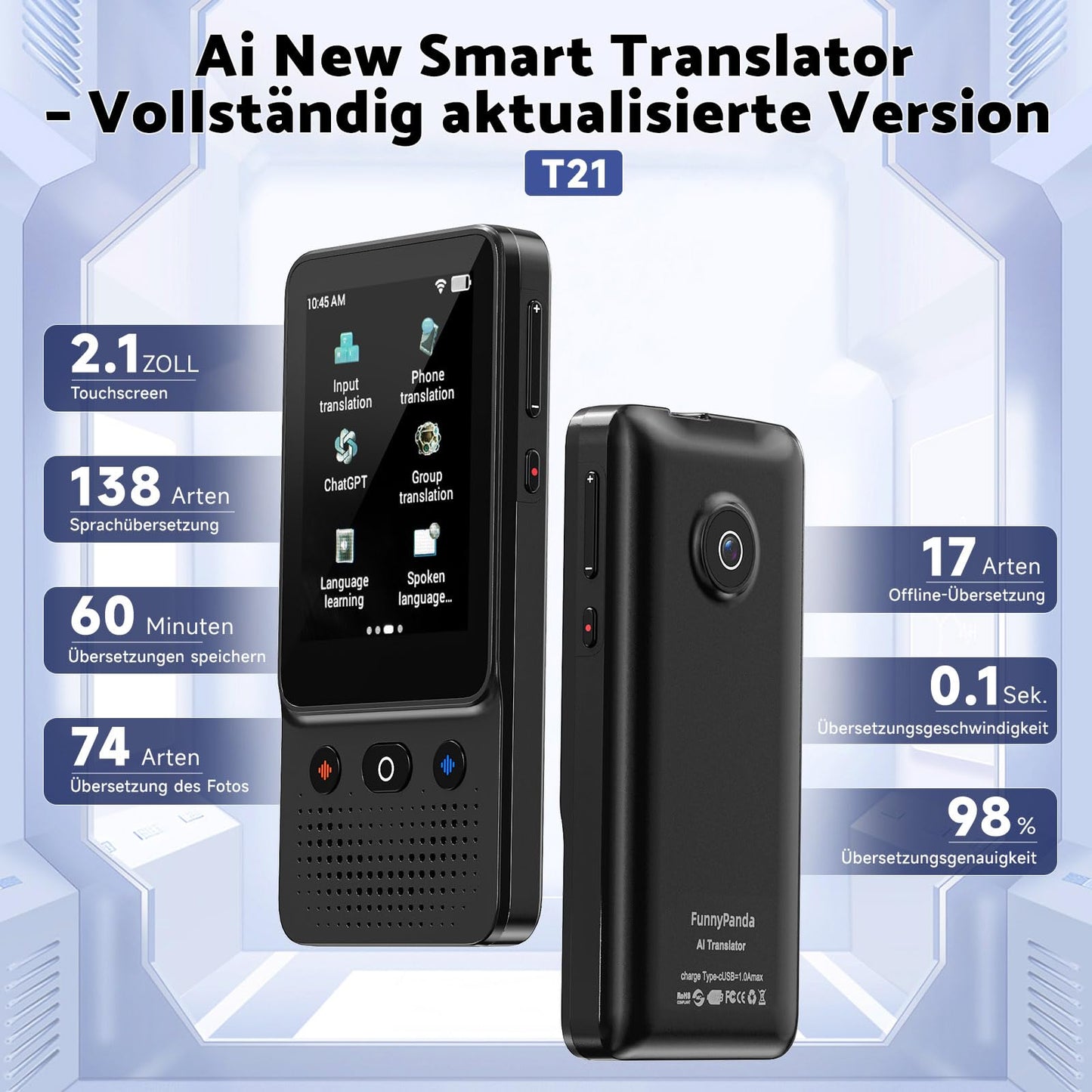 Ai Language Translator Device, 2025 Instant Voice Translator Device T21 Wi-Fi Available, Two-Way 138 Languages Ai Translator Offline Recording Photo Translation Device for Business Travel Study