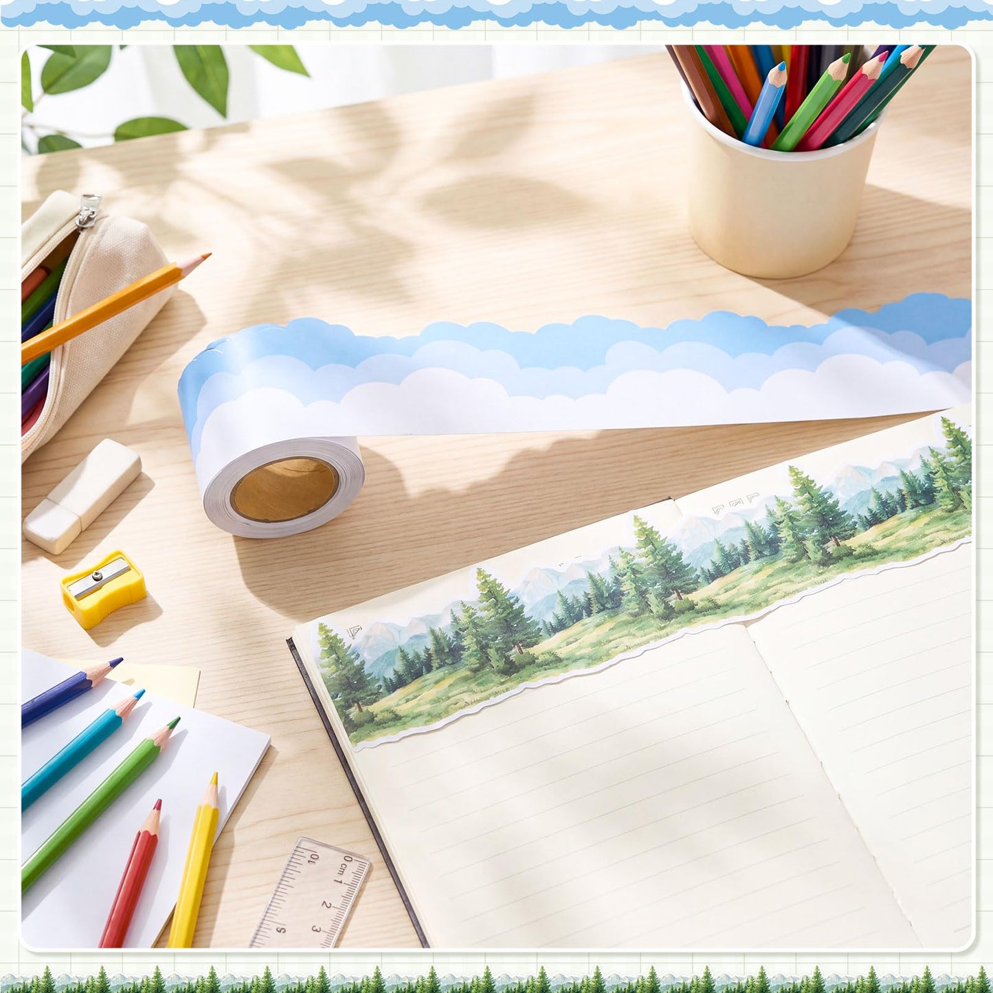 Trandraft 2 Rolls 65.6ft White Clouds Trees Bulletin Board Decorations Clouds Bulletin Board Borders Strips Classroom Decor Back to School Trim Borders for Home Office