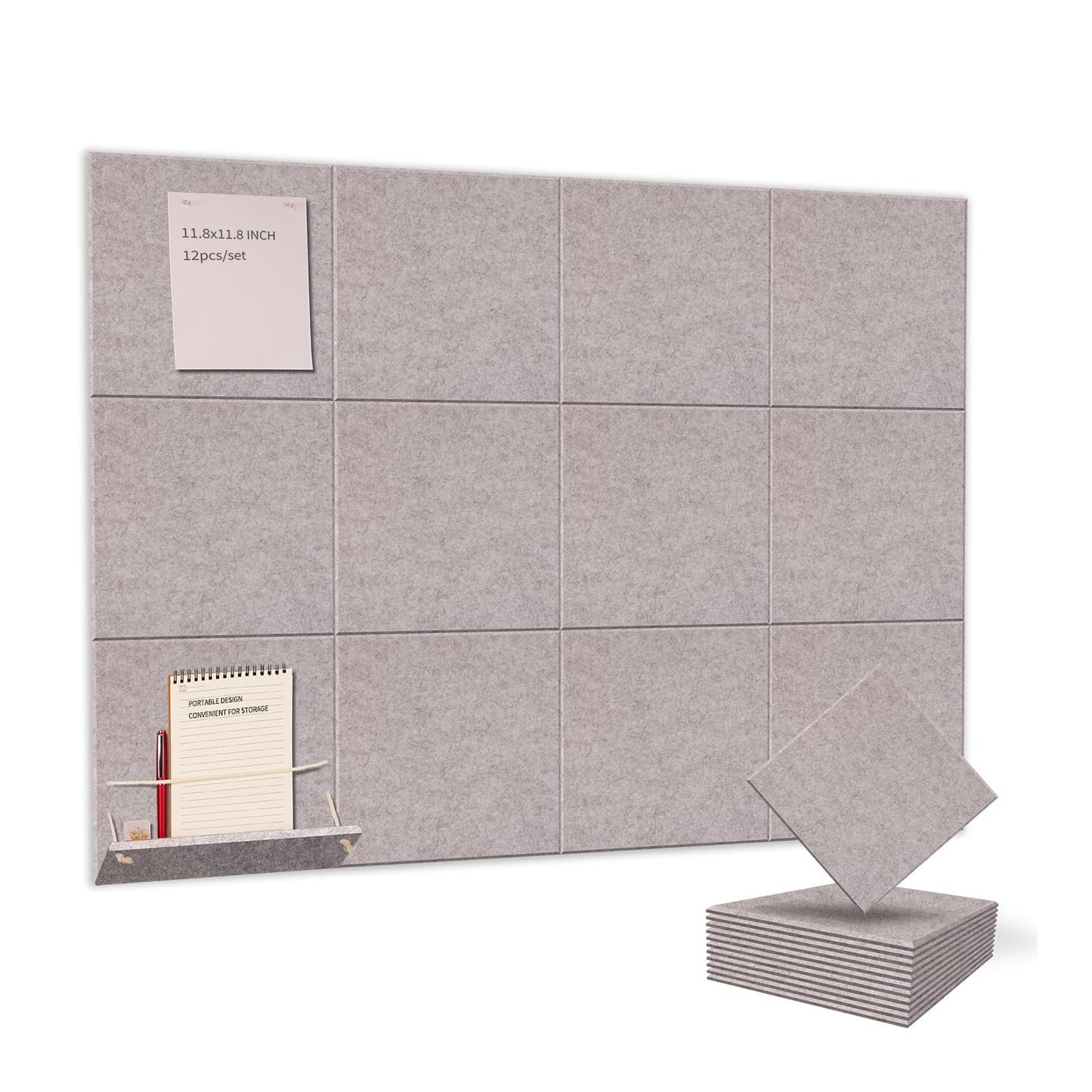 12 Pack Bulletin Boards 48" x 36" Alternative Cork Board for Office,Built-in Storage Device，Large Cork Boards for Walls ， Felt Wall Tiles, Contains Removable Security Stickers and PushPins (F-Gray)