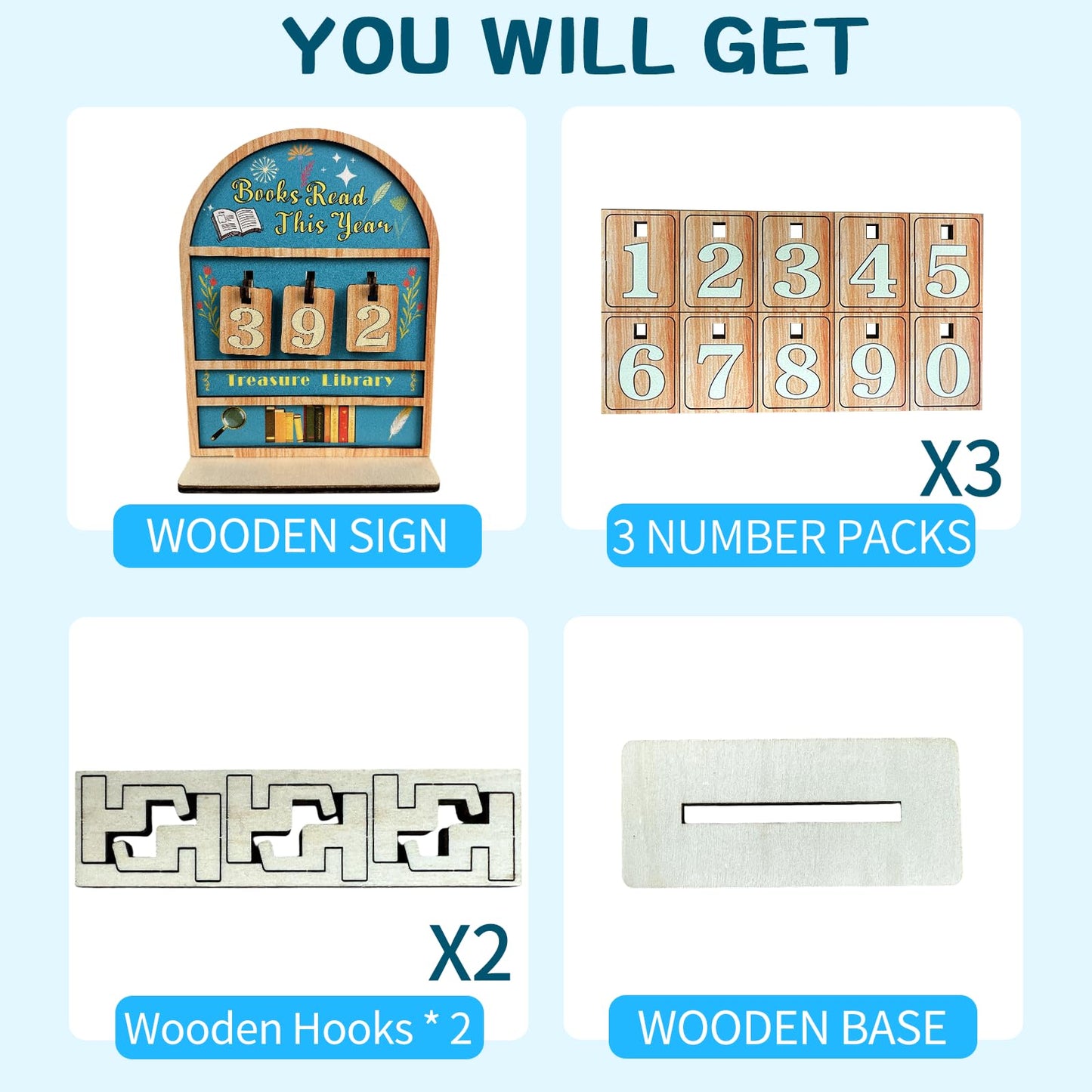 Reading Tracker Counter Sign, Wooden Books Read This Year Display, Book Lover Gift for Librarian, Reader, Teacher, Women, Wall and Table Decor for Home Library, Teachers, Book Lovers（light blue）