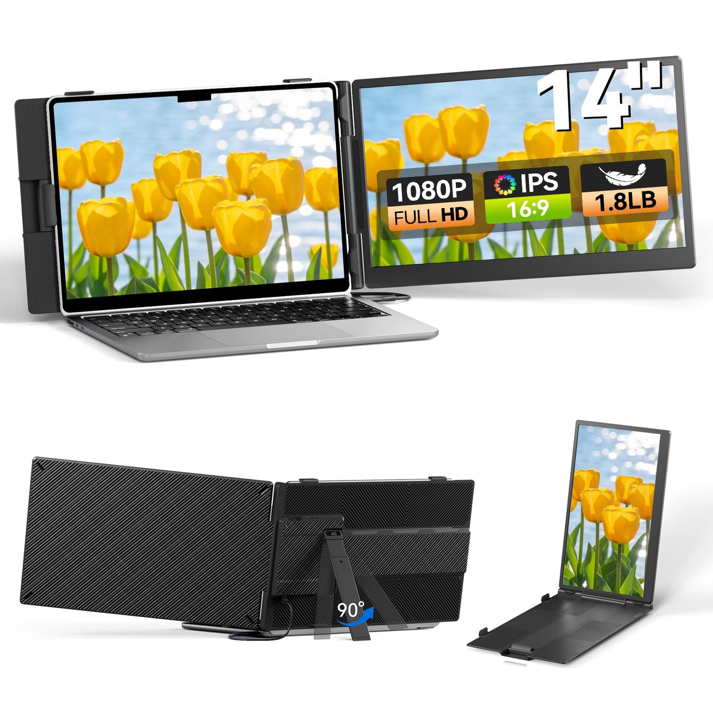 DZVW Laptop Screen Extender 14", FHD 1080P Portable Monitor for Laptop, Light Monitor Extender Plug&Play, IPS Display Computer Monitor for Laptop 13-17” (Screen Length: 11.81"-16.14") for Travel Work