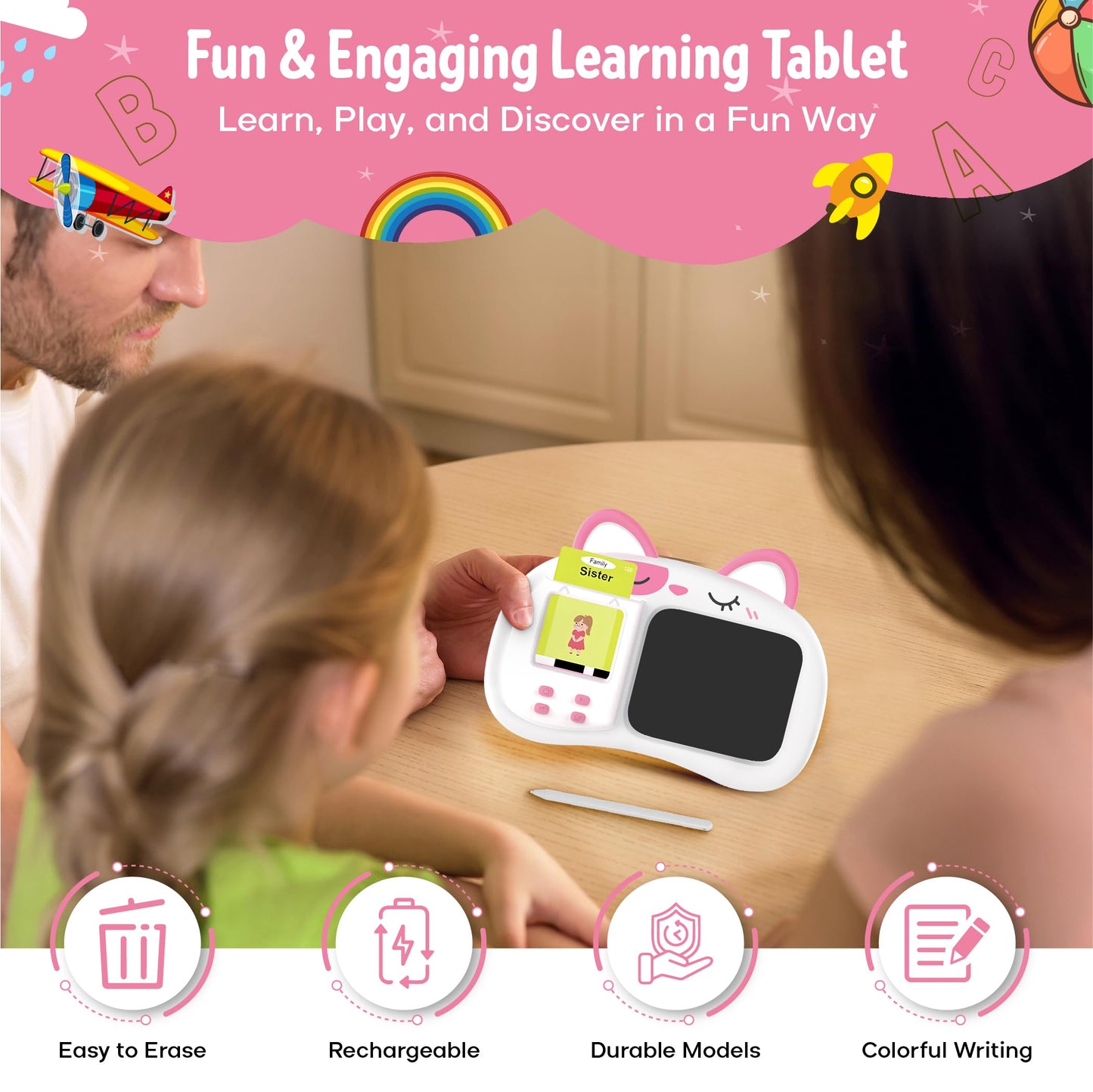 Henry & Colin Smart Talking Flash Cards Reader with LCD Writing Drawing Tablet Card for Kids – Colorful Drawing Pad, Educational Toy, Reusable Board, Travel Essential for Boys & Girls (Pink)