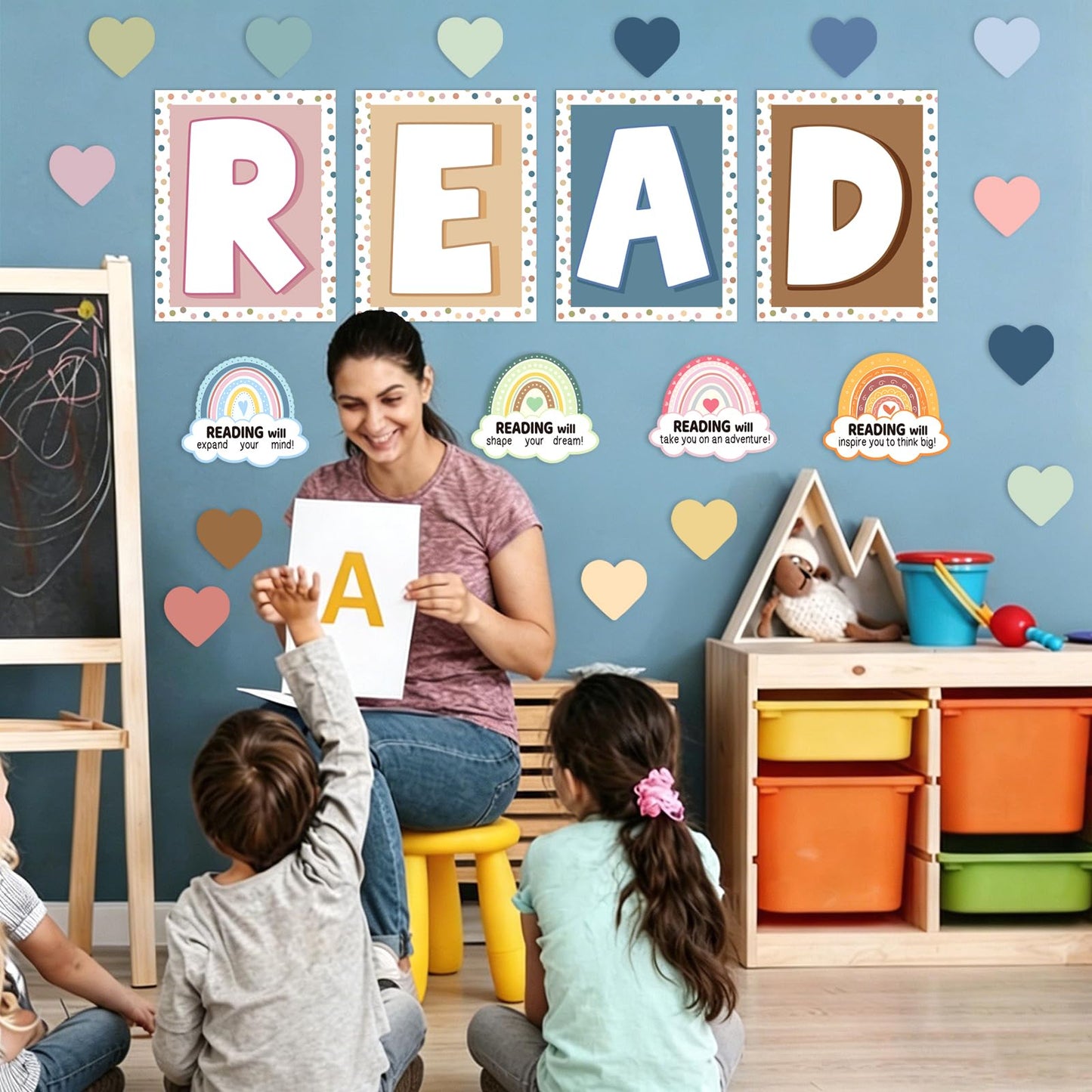 32Pcs Boho Classroom Decor Boho Reading Posters with READ Sign Rainbow Love Heart Bulletin Board Decorations Reading Corner Decor for Classroom Wall Door Kindergarten Elementary and Middle School