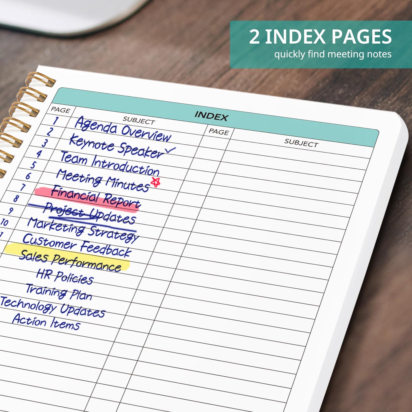 Meeting Notebook for Work Organization - Work notebook with action items, Meeting Minutes Planner Notebook, Perfect Office Supplies for Men & Women - Emerald Drift