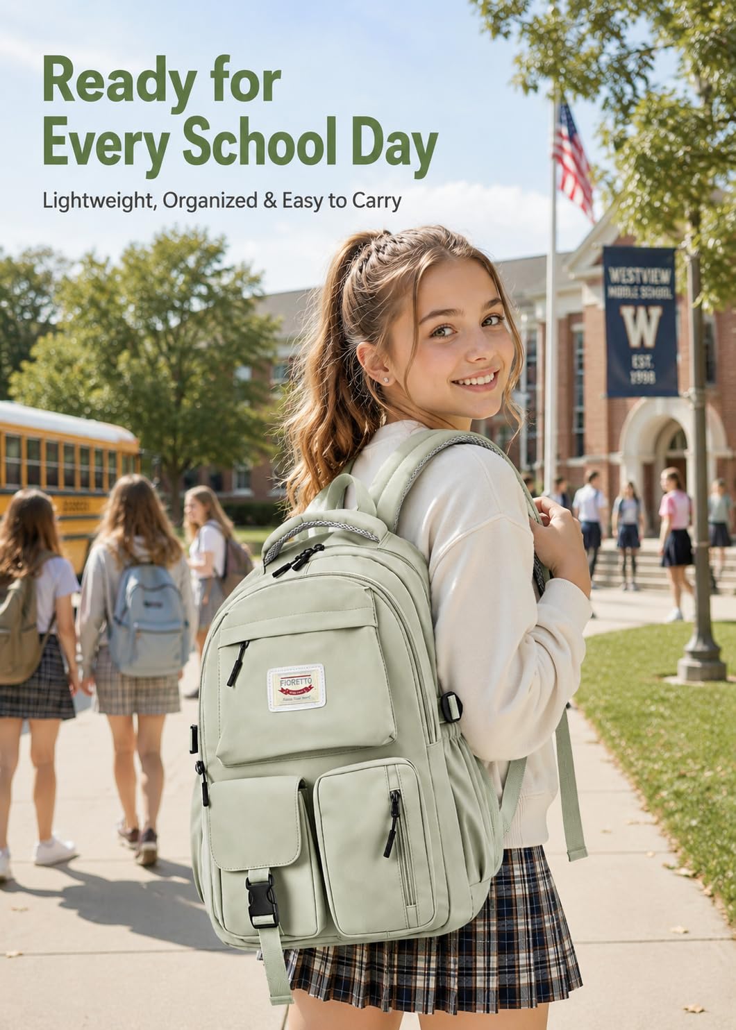FIORETTO School Backpack for Teen Girls & Women with Compartment, Lightweight School Bag Bookbag with Multiple Pockets, Ideal for Middle High School, College, Travel, Green 25L