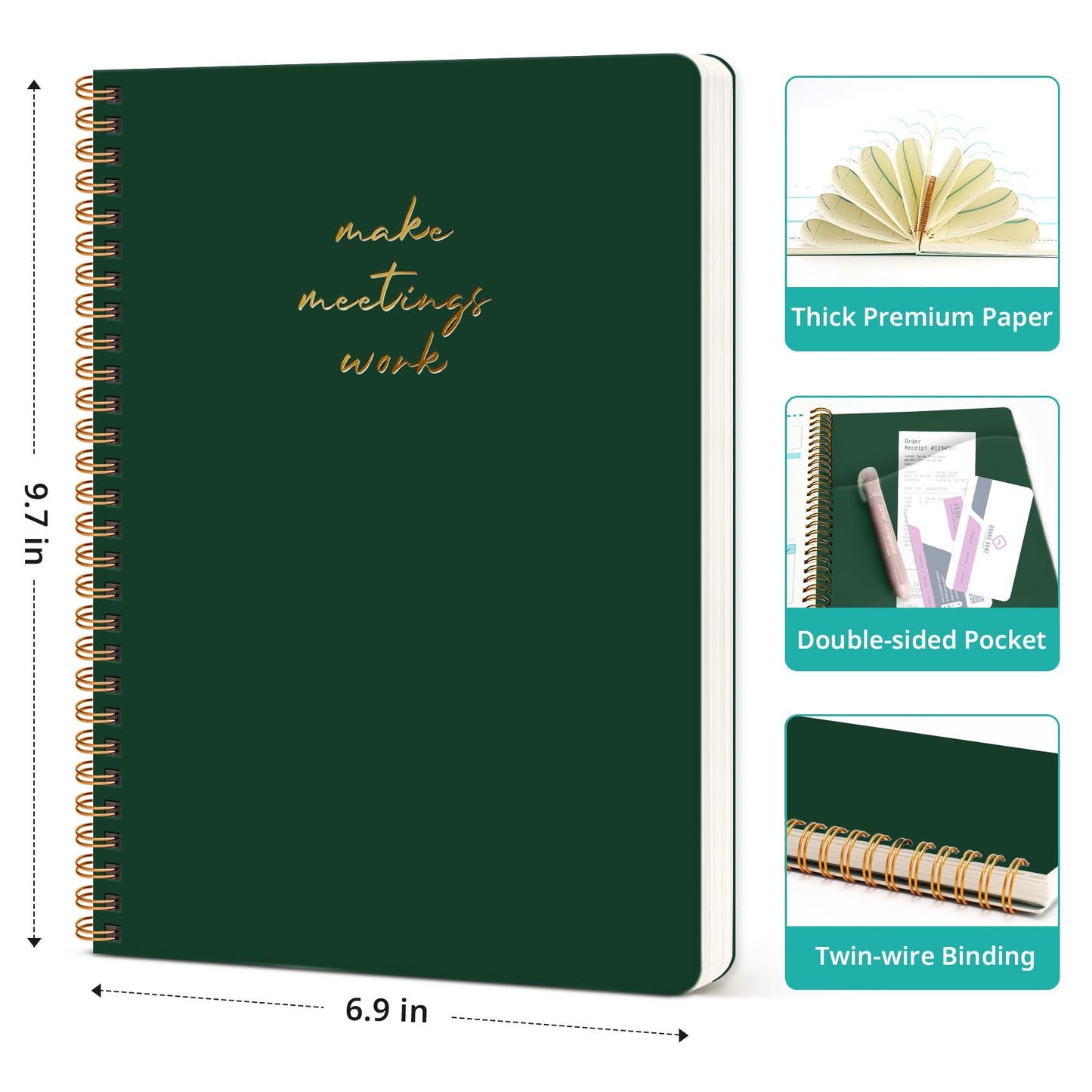 Meeting Notebook for Work Organization - Work notebook with action items, Meeting Minutes Planner Notebook, Perfect Office Supplies for Men & Women - Dark Green