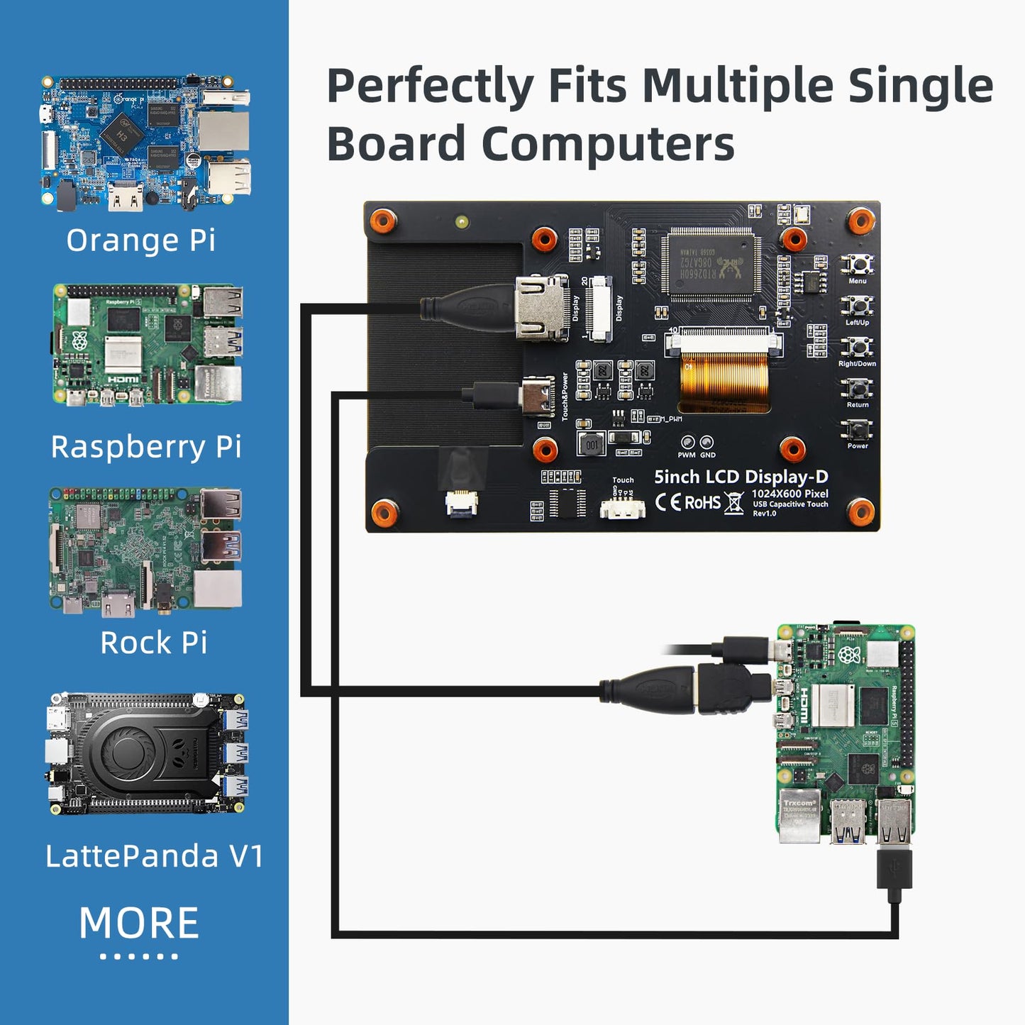 iPistBit 5 Inch HDMI Monitor 1024x600 LCD Touch Screen Display Mini Small Monitor for Raspberry Pi 5/4/3/2/B/B+, BB Black, Win 11/10/8/7